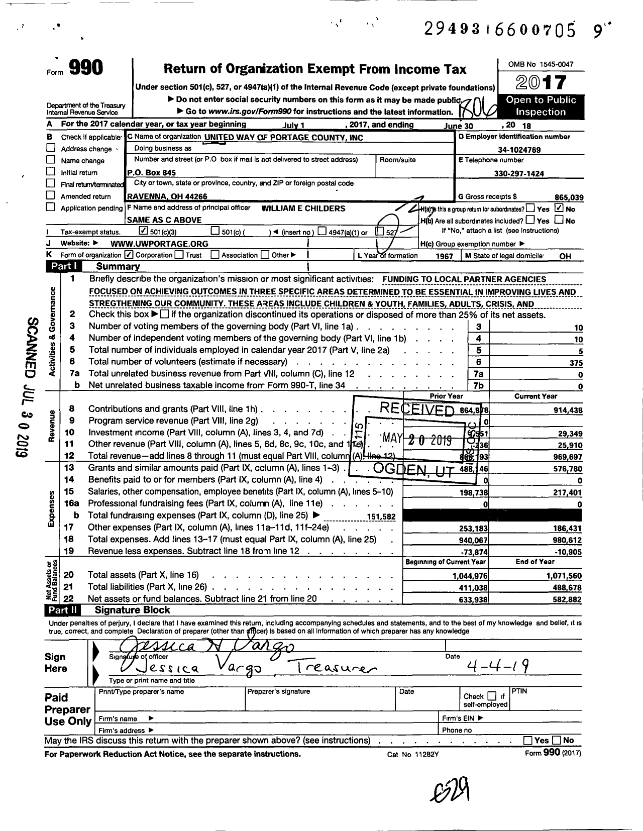 Image of first page of 2017 Form 990 for United Way of Portage County