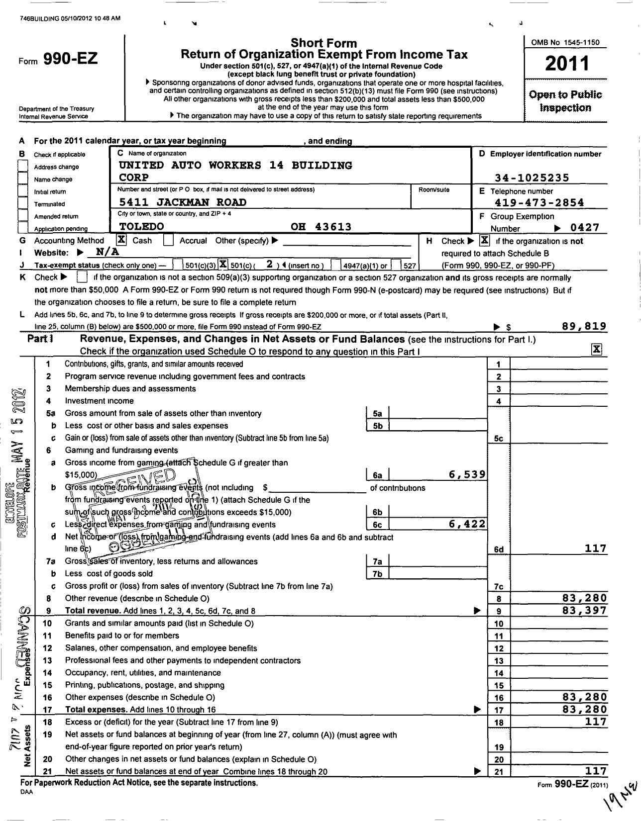 Image of first page of 2011 Form 990EO for United Auto Workers 14 Bldg Corporation