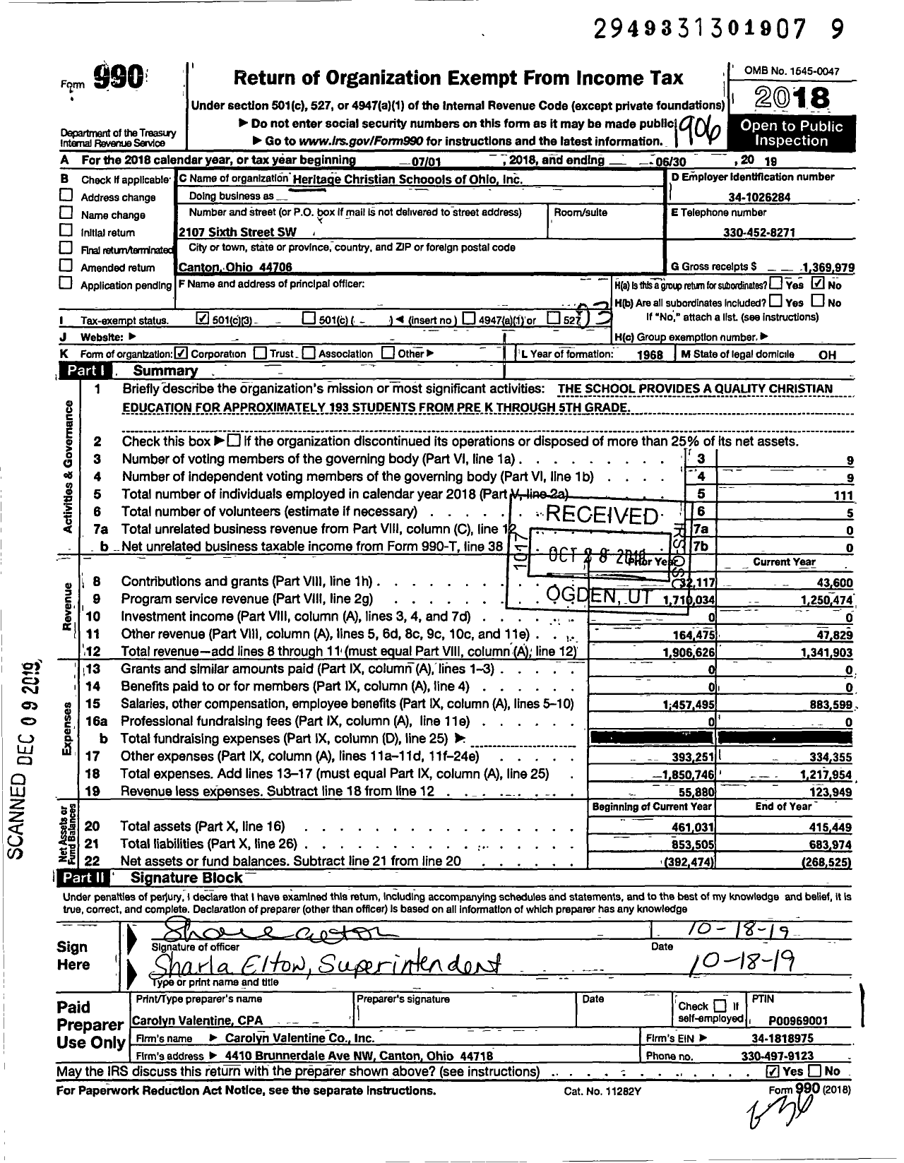 Image of first page of 2018 Form 990 for Heritage Christian Schools of Ohio