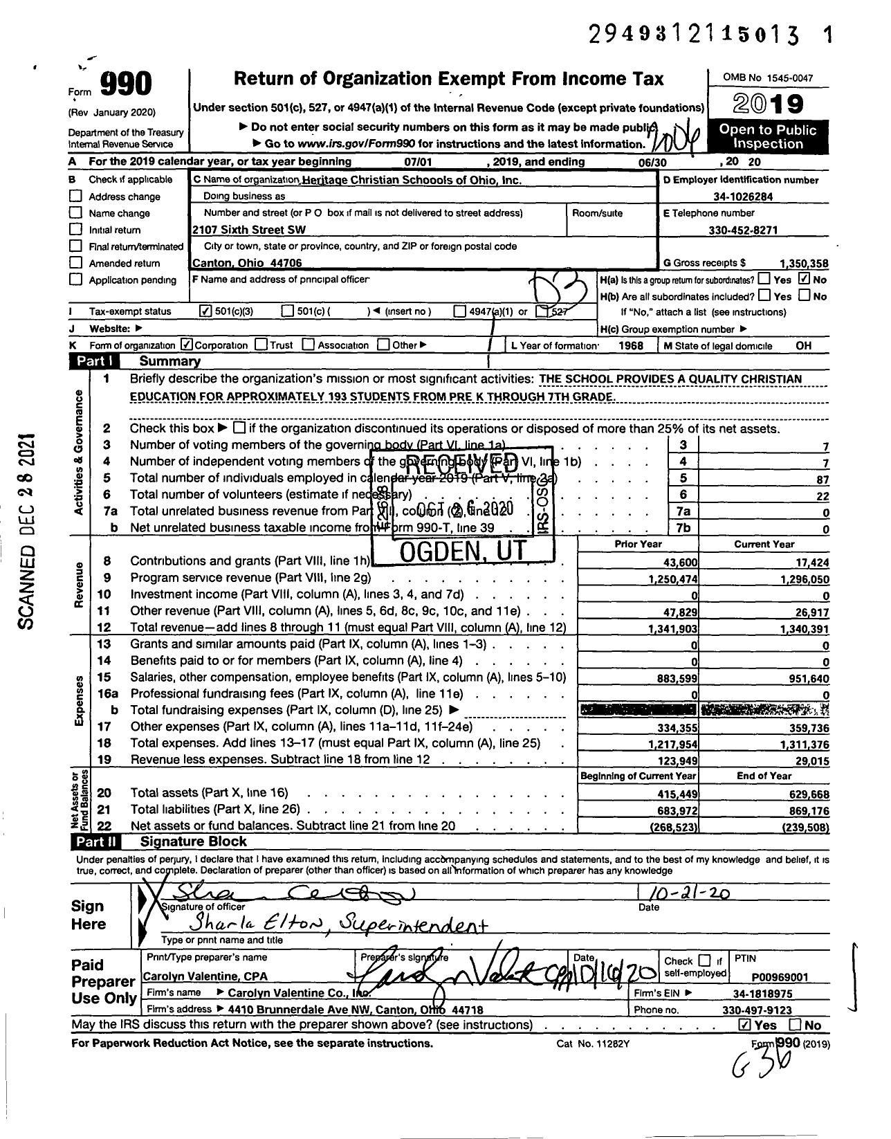 Image of first page of 2019 Form 990 for Heritage Christian Schools of Ohio