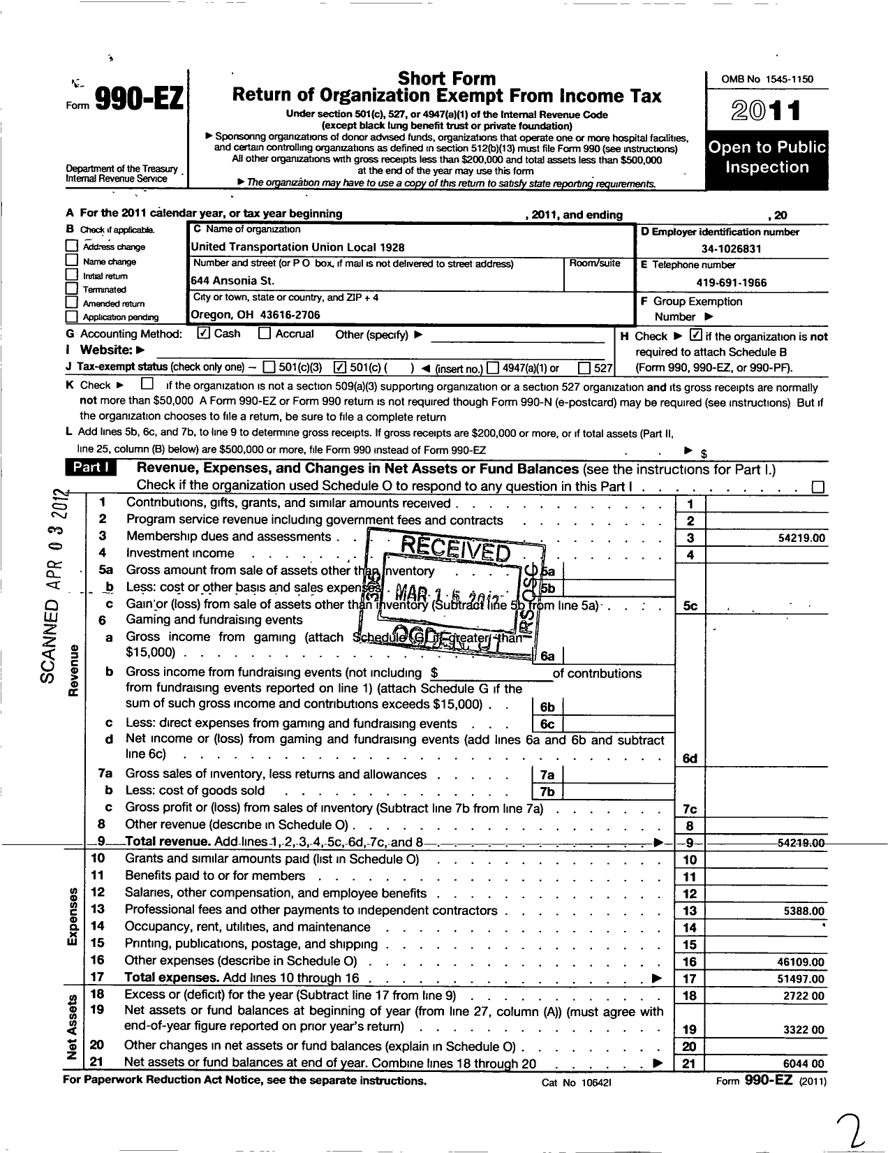 Image of first page of 2011 Form 990EZ for Smart Union - 1928 TD