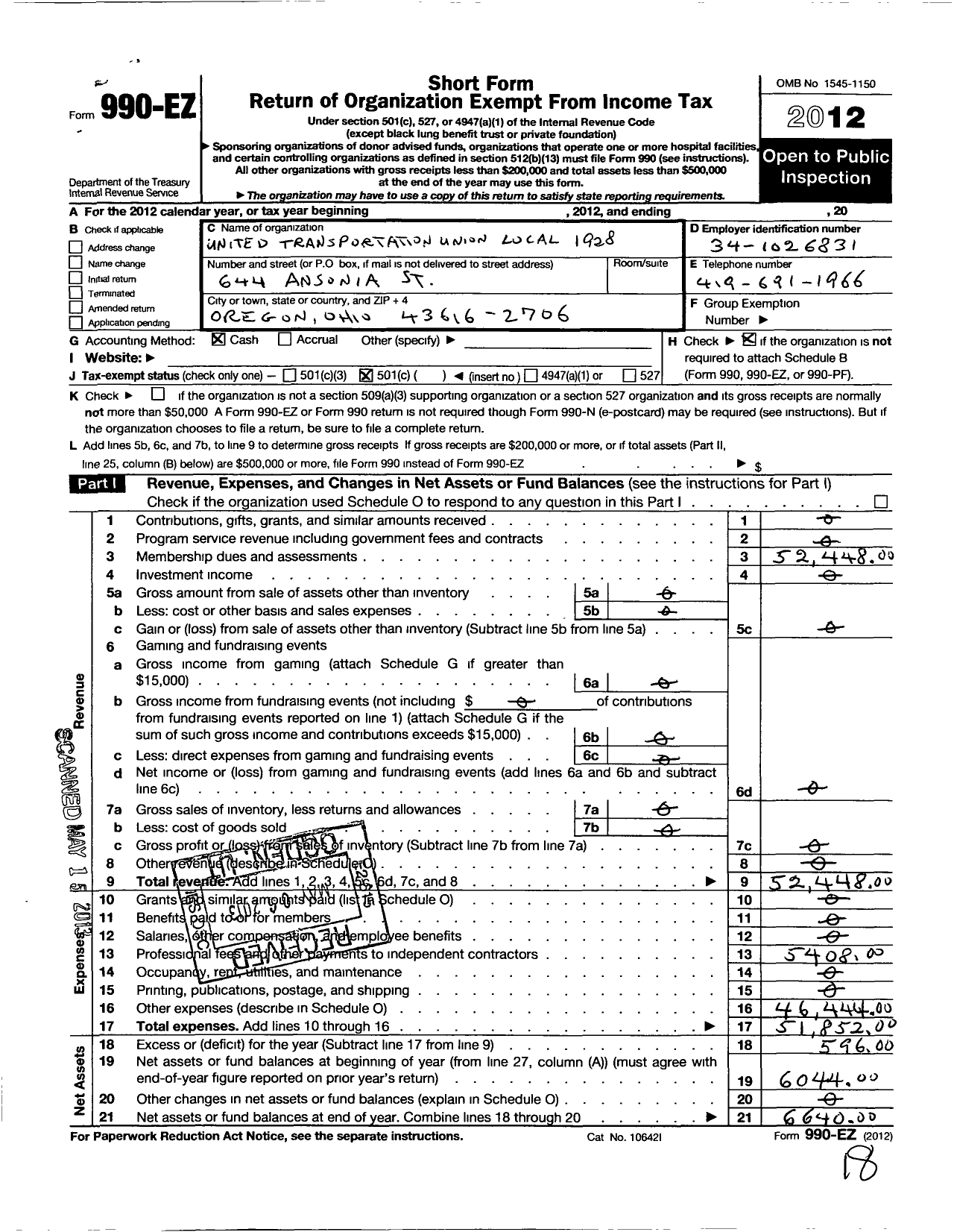 Image of first page of 2012 Form 990EO for Smart Union - 1928 TD