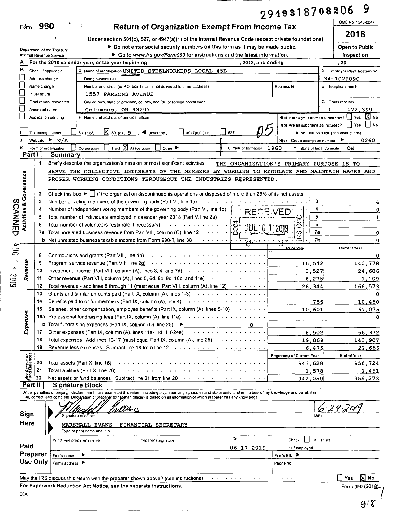 Image of first page of 2018 Form 990O for United Steelworkers - Local Union 45b