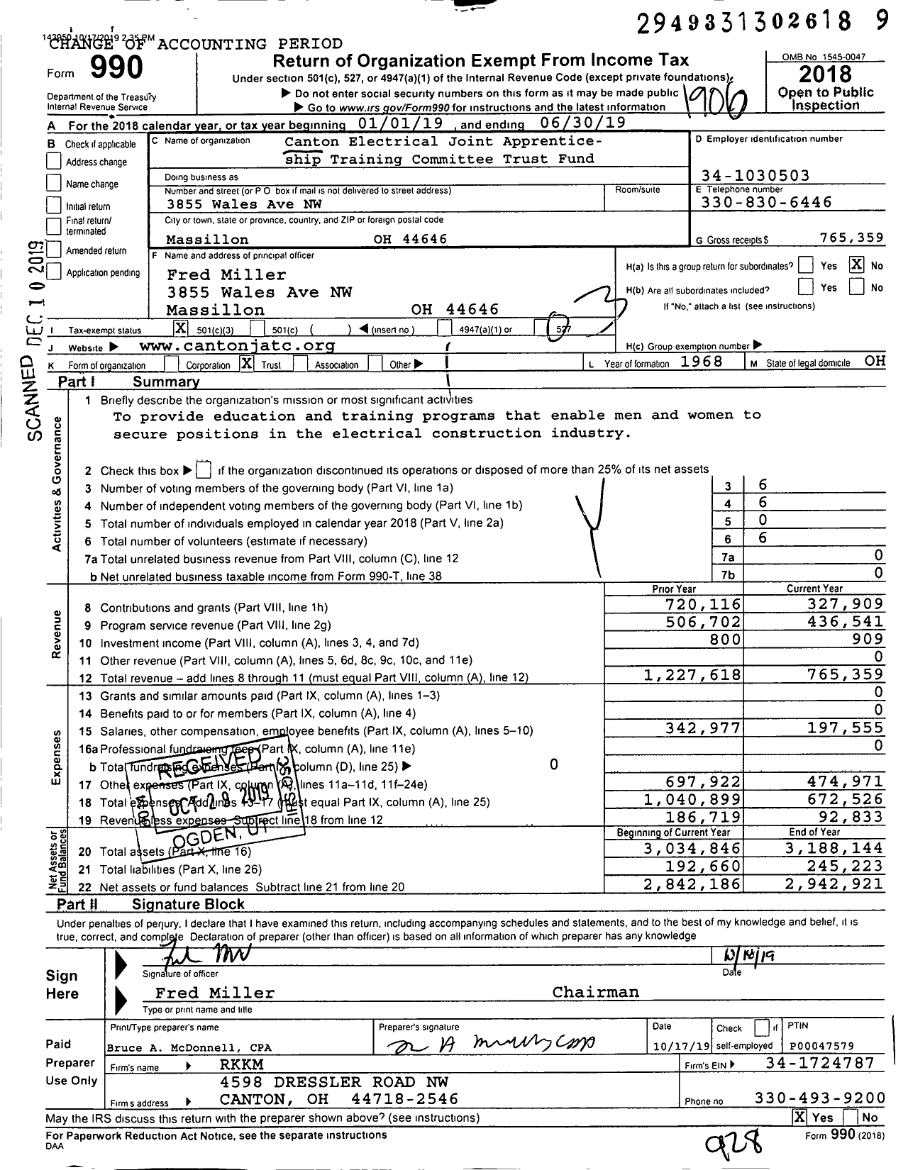 Image of first page of 2018 Form 990 for Canton Electrical JATC