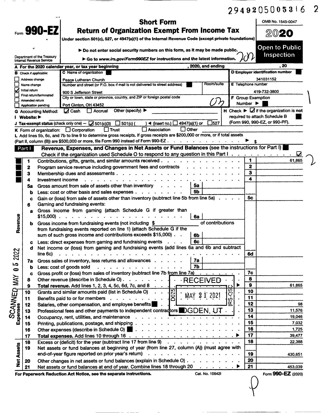 Image of first page of 2020 Form 990EZ for Peace Lutheran Church