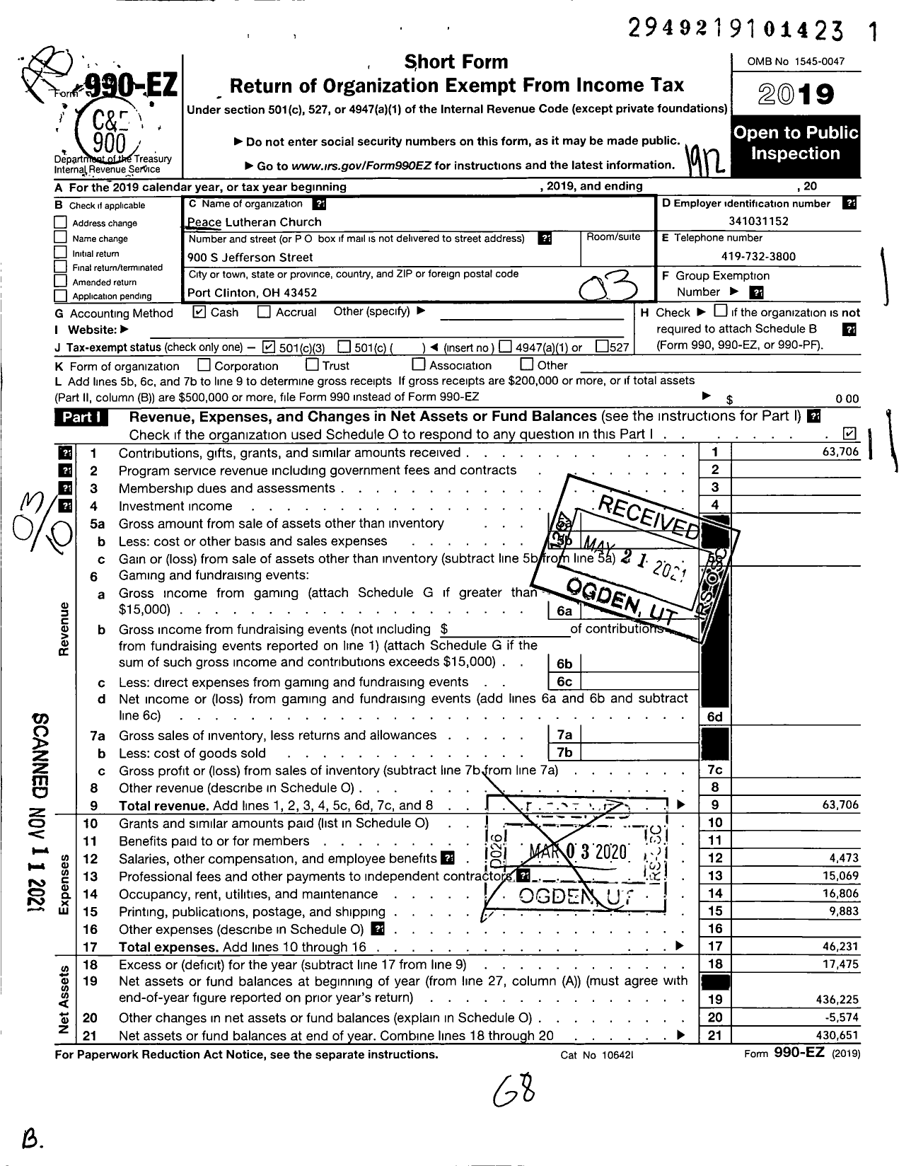 Image of first page of 2019 Form 990EZ for Peace Lutheran Church