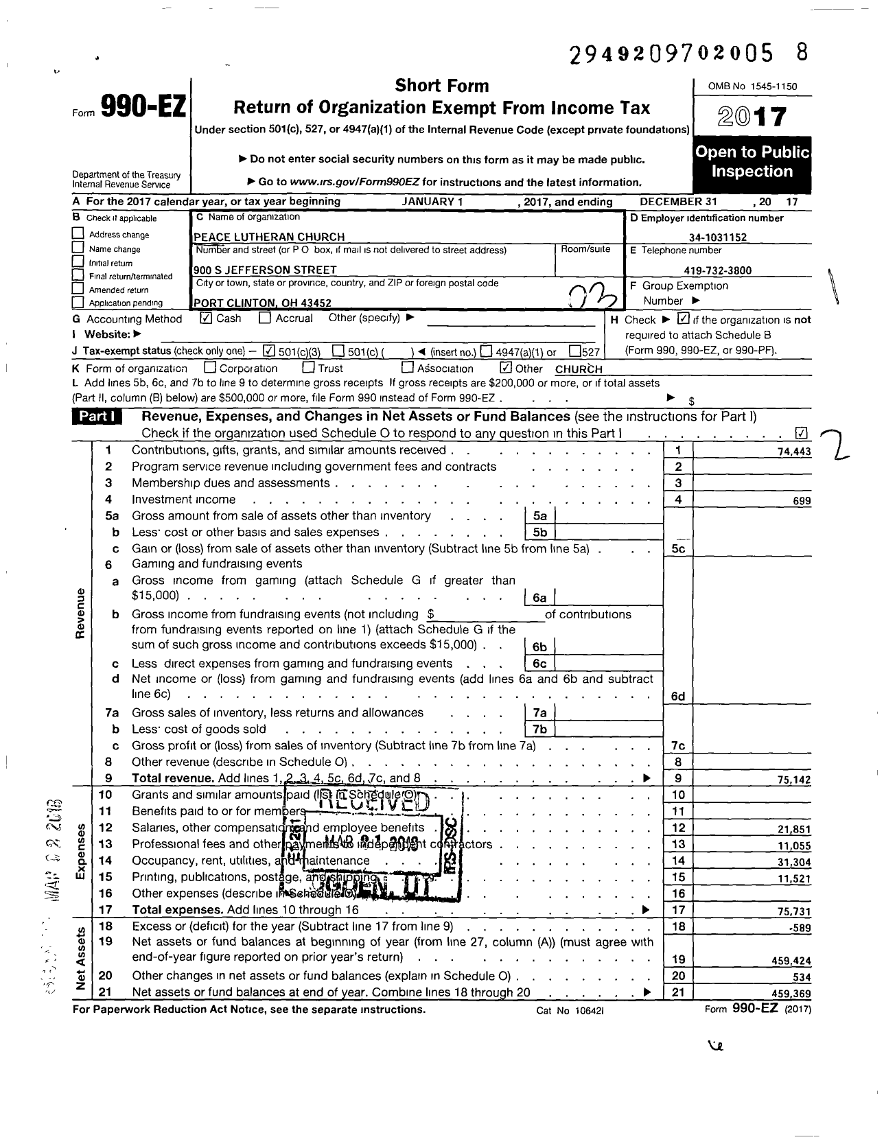 Image of first page of 2017 Form 990EZ for Peace Lutheran Church