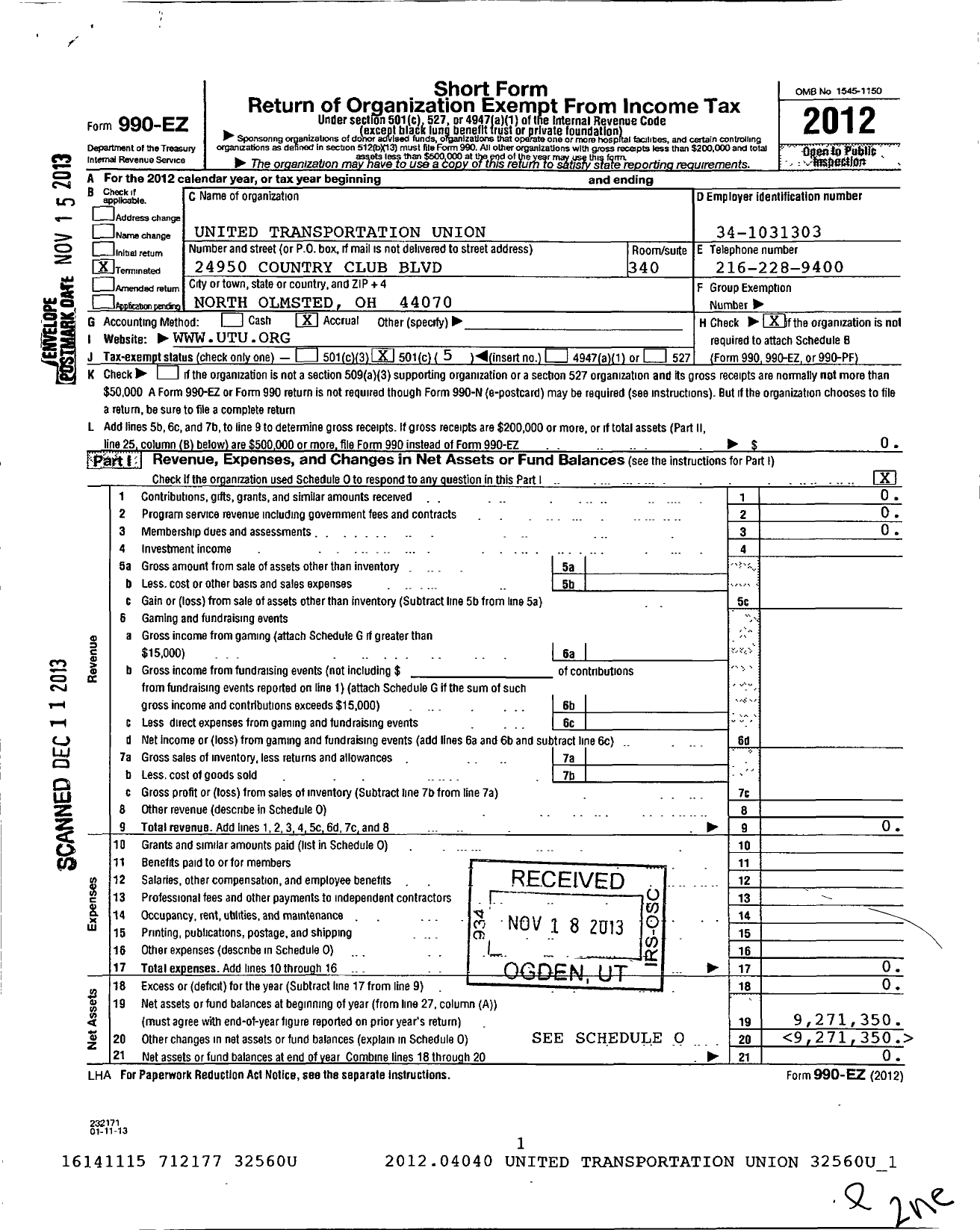 Image of first page of 2012 Form 990EO for United Transportation Union