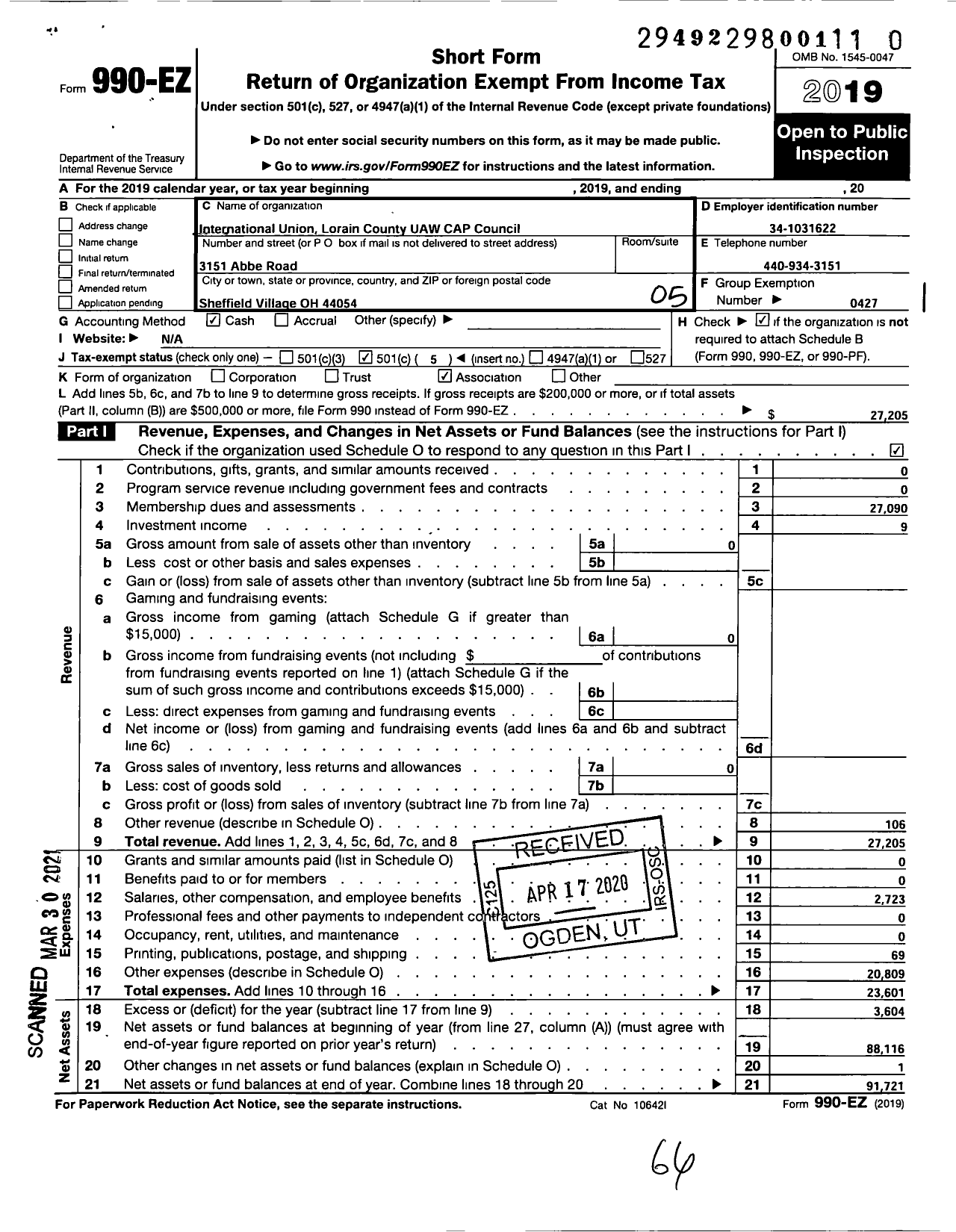 Image of first page of 2019 Form 990EO for Uaw - Lorain County Cap