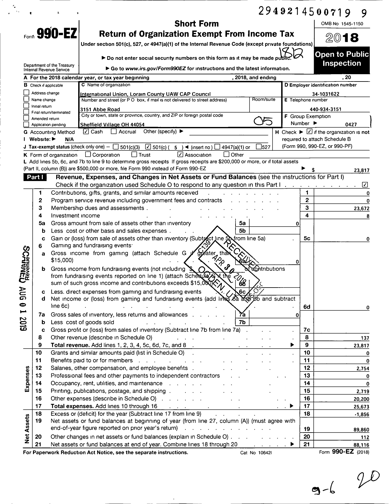 Image of first page of 2018 Form 990EO for Uaw - Lorain County Cap