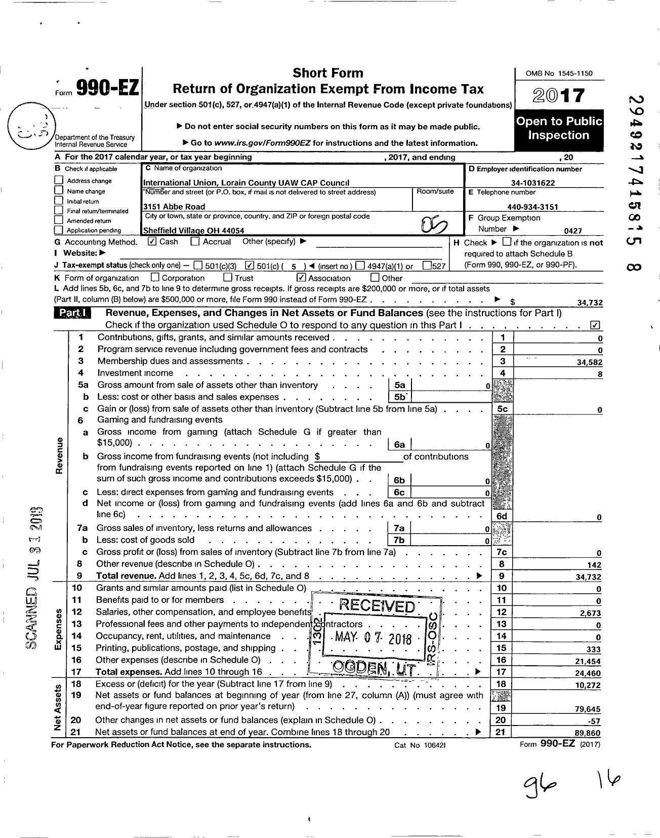 Image of first page of 2017 Form 990EO for Uaw - Lorain County Cap