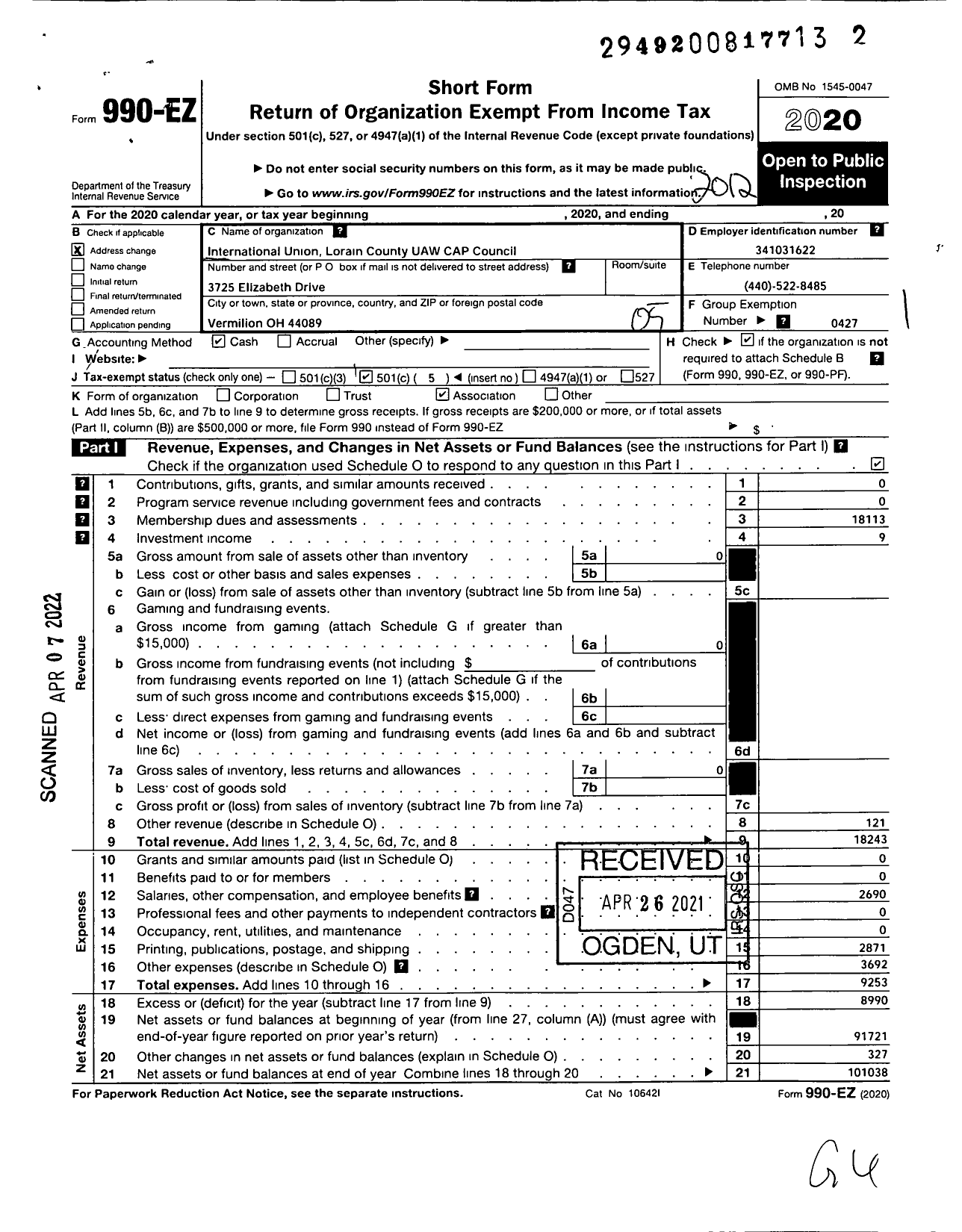 Image of first page of 2020 Form 990EO for Uaw - Lorain County Cap