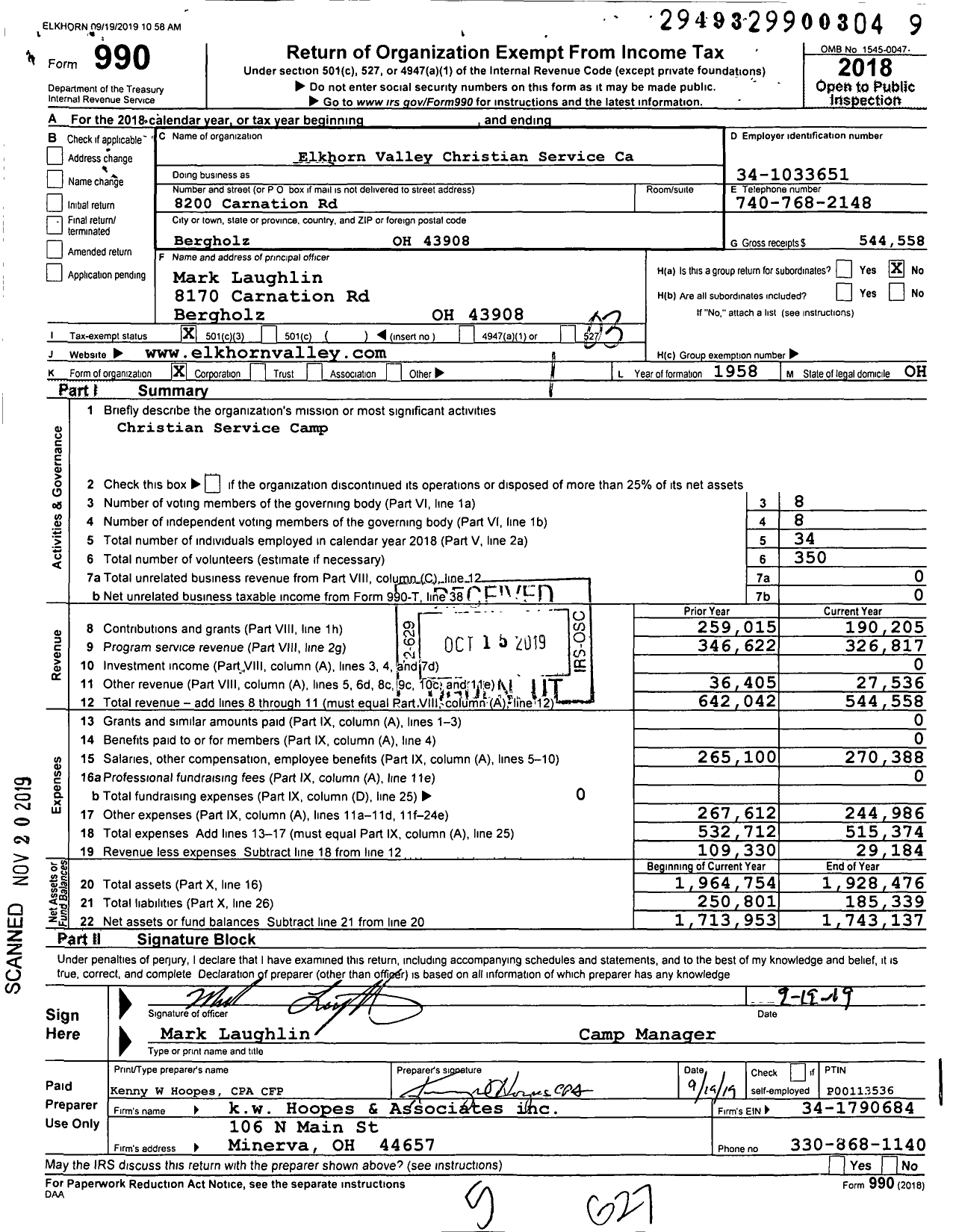 Image of first page of 2018 Form 990 for Elkhorn Valley Christian Service Camp