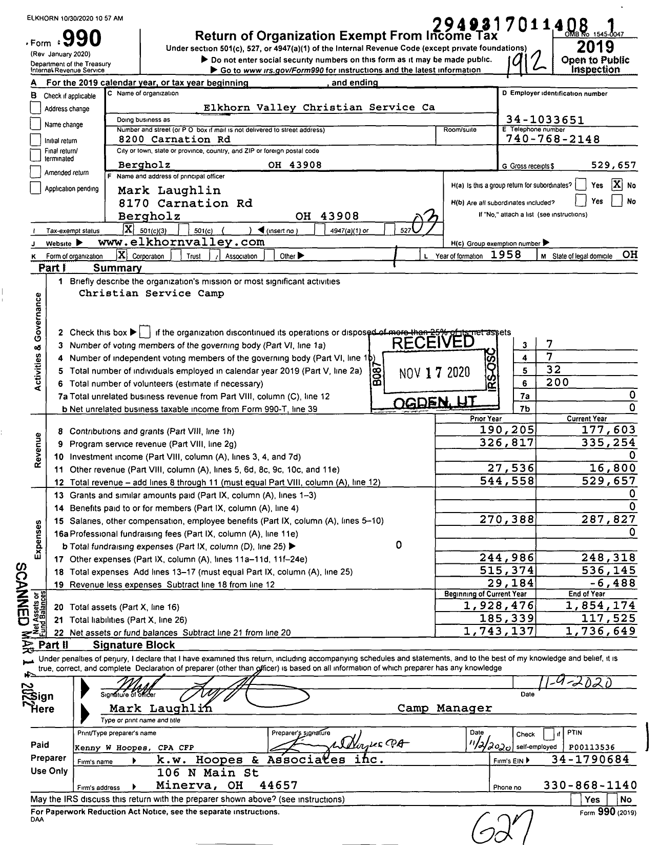 Image of first page of 2019 Form 990 for Elkhorn Valley Christian Service Camp