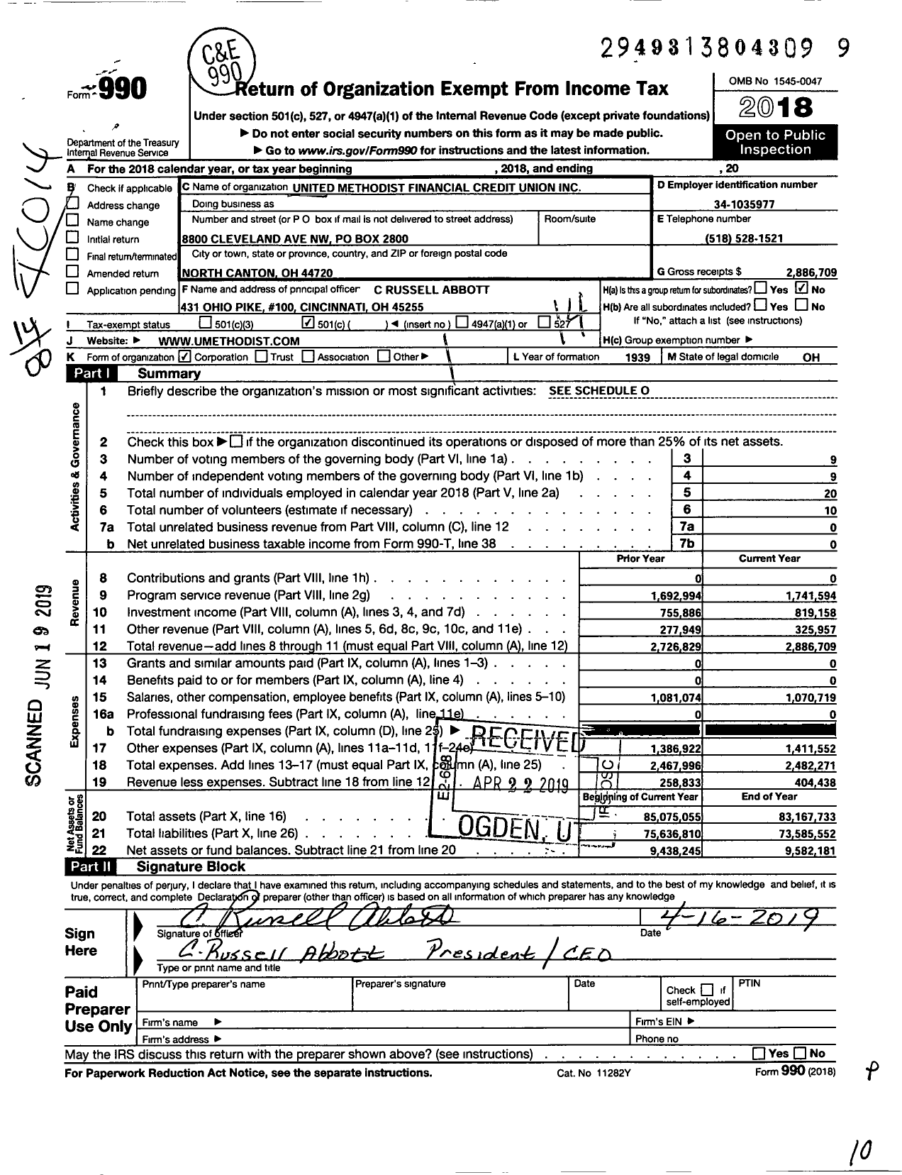 Image of first page of 2018 Form 990O for Christian Family Credit Union