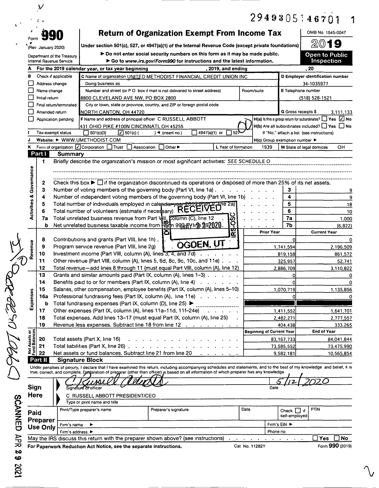 Image of first page of 2019 Form 990O for Christian Family Credit Union