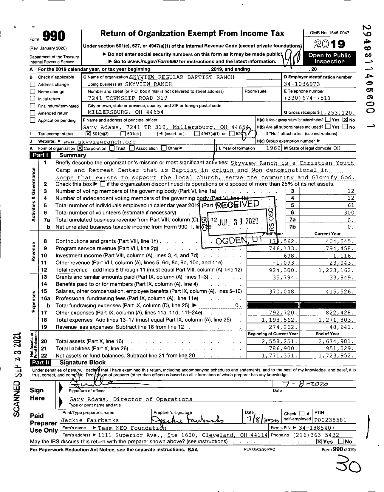 Image of first page of 2019 Form 990 for Skyview Ranch