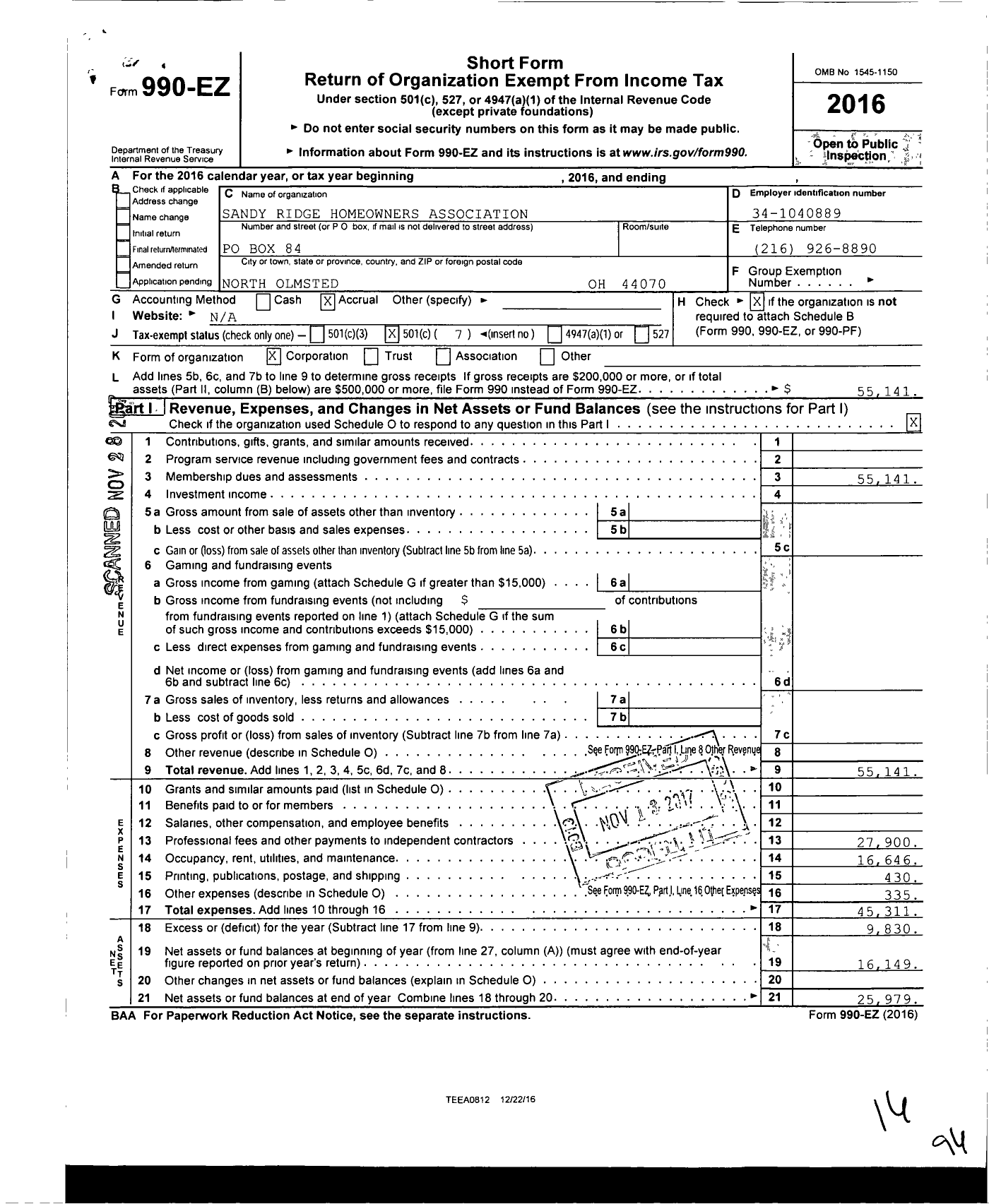 Image of first page of 2016 Form 990EO for Sandy Ridge Homeowners Association