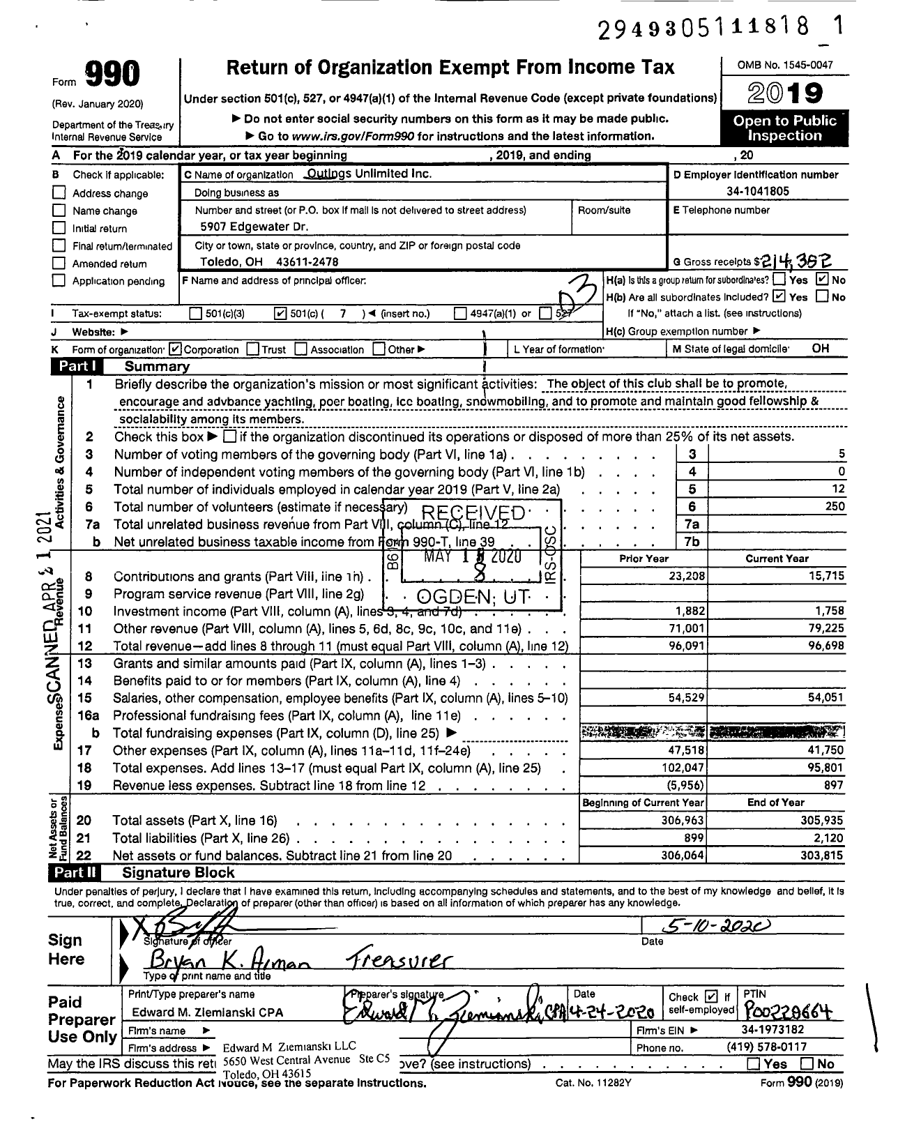 Image of first page of 2019 Form 990 for Outings Unlimited