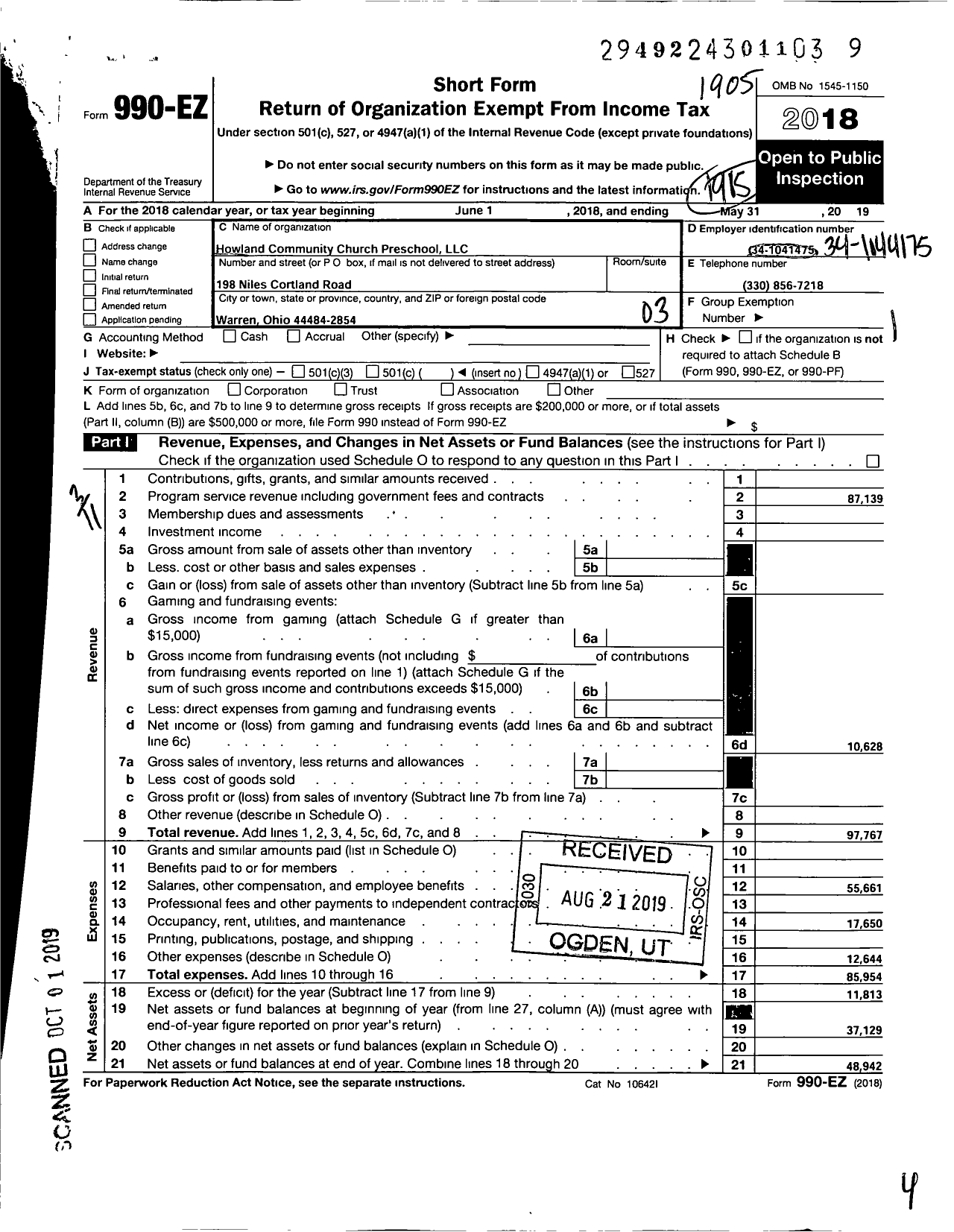 Image of first page of 2018 Form 990EZ for Howland Community Preschool