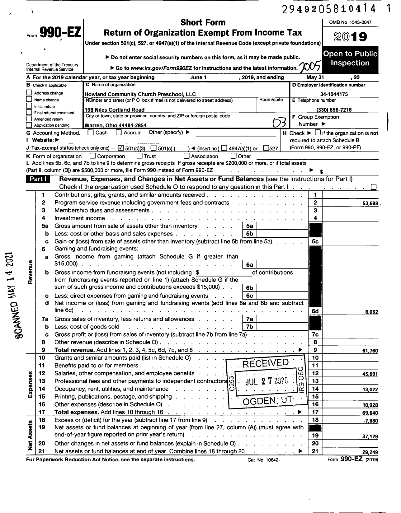 Image of first page of 2019 Form 990EZ for Howland Community Preschool