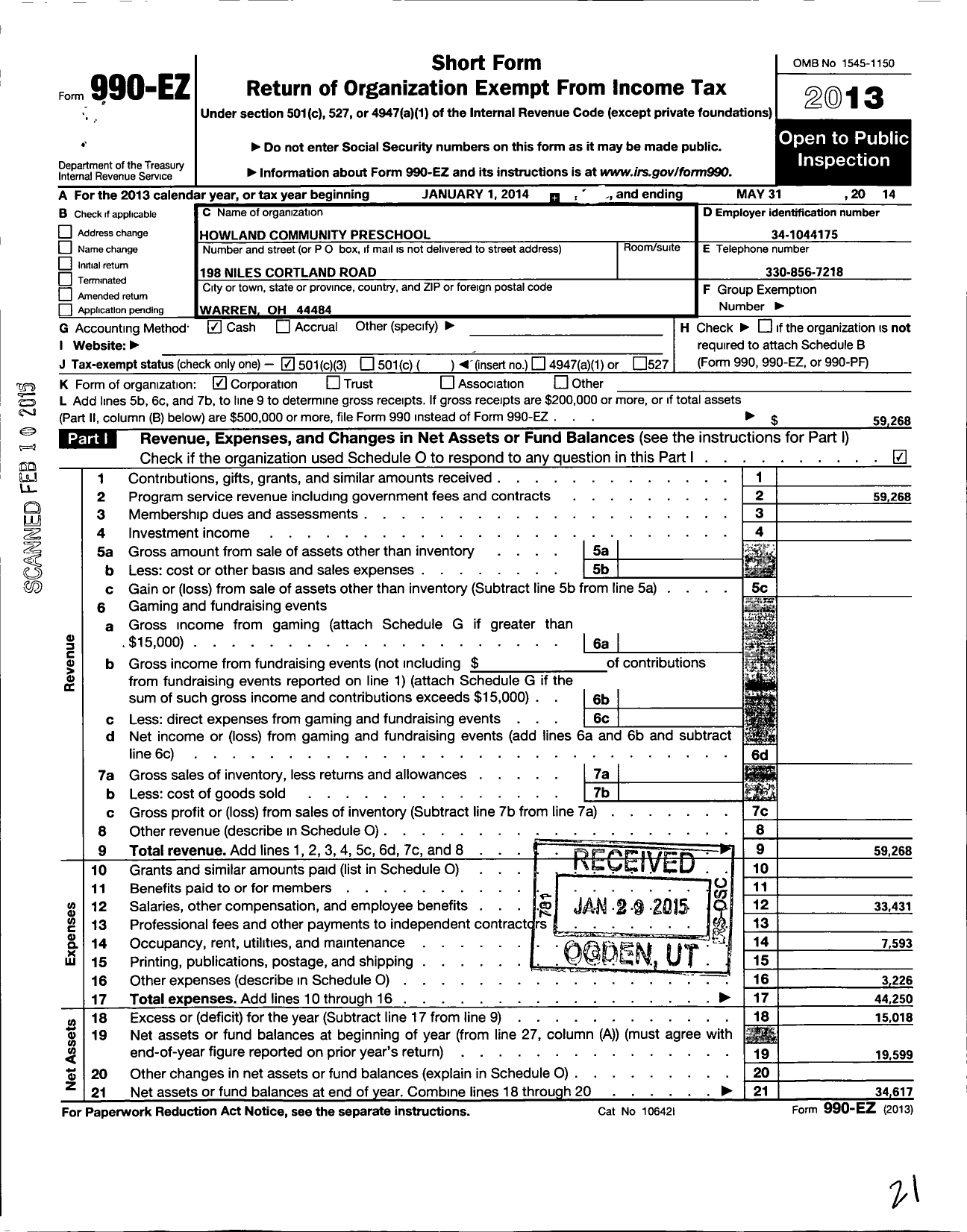 Image of first page of 2013 Form 990EZ for Howland Community Preschool