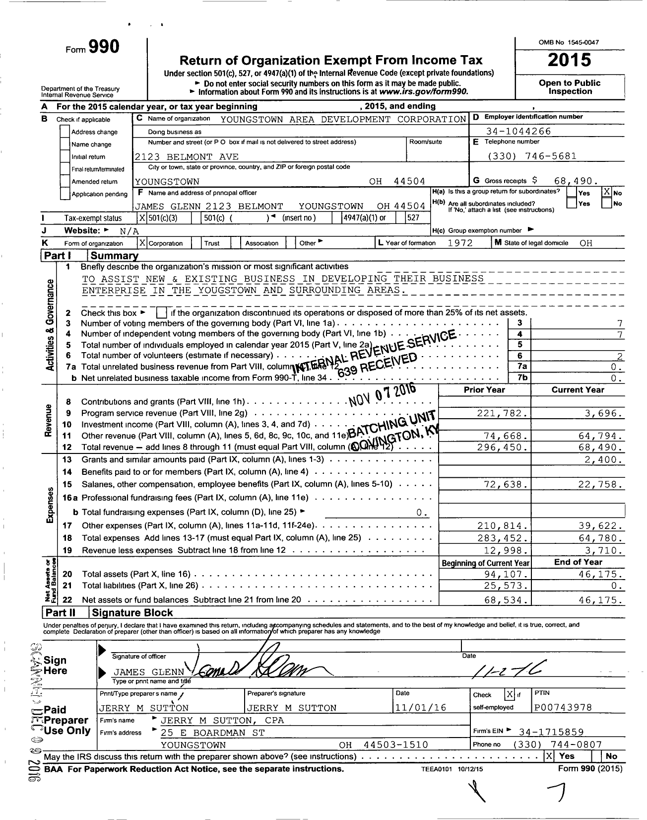 Image of first page of 2015 Form 990 for Youngstown Area Development Corporation