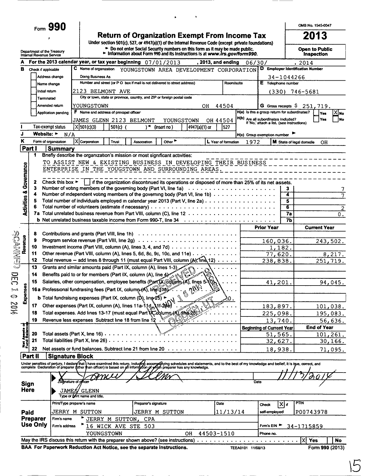 Image of first page of 2013 Form 990 for Youngstown Area Development Corporation