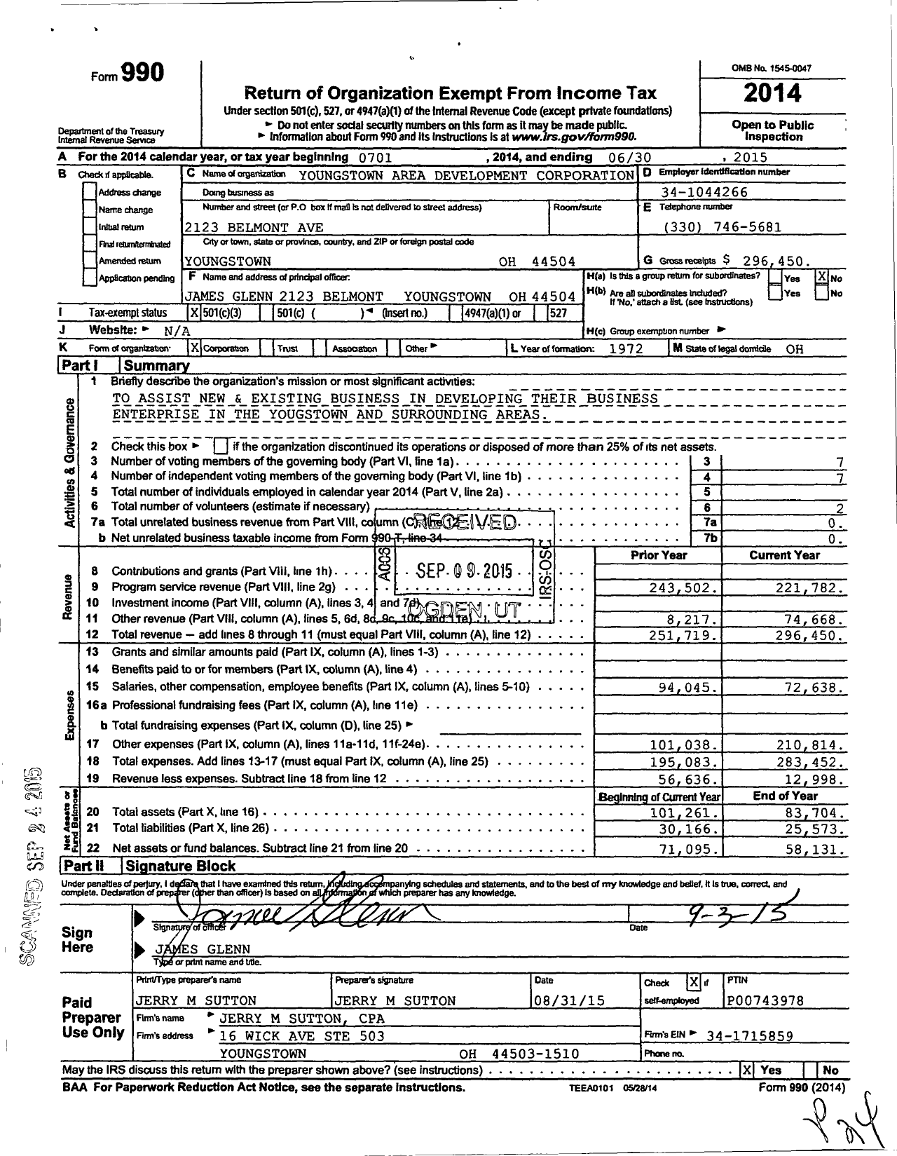 Image of first page of 2014 Form 990 for Youngstown Area Development Corporation