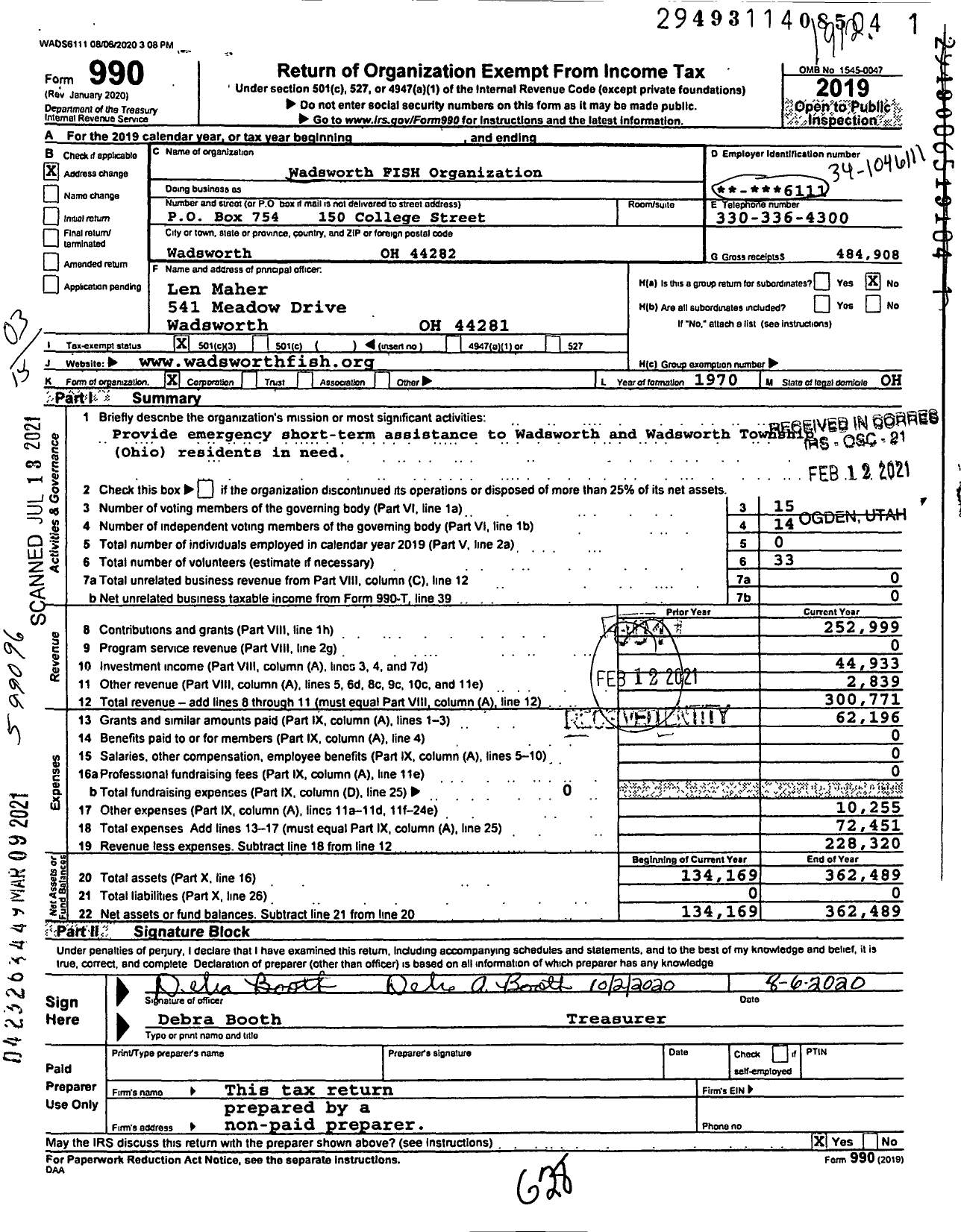 Image of first page of 2019 Form 990 for Wadsworth Fish Organization