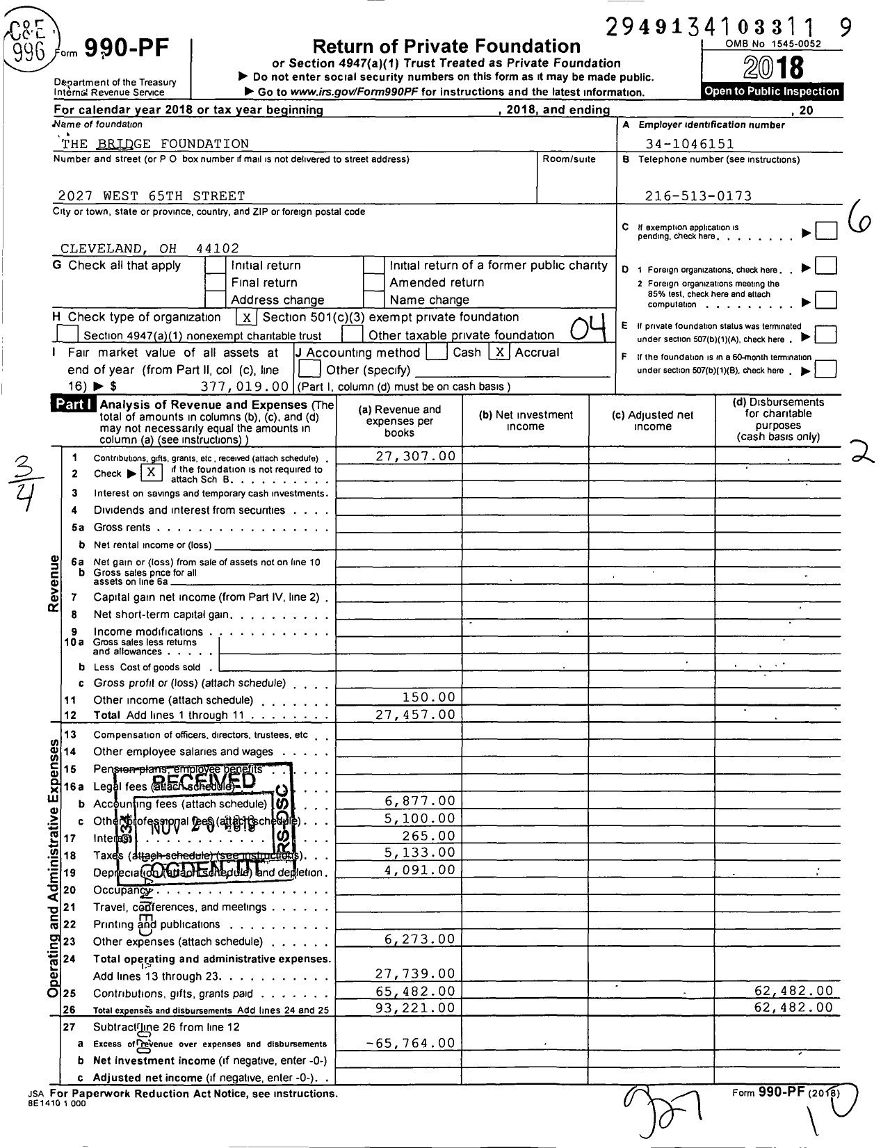 Image of first page of 2018 Form 990PF for The Bridge Foundation