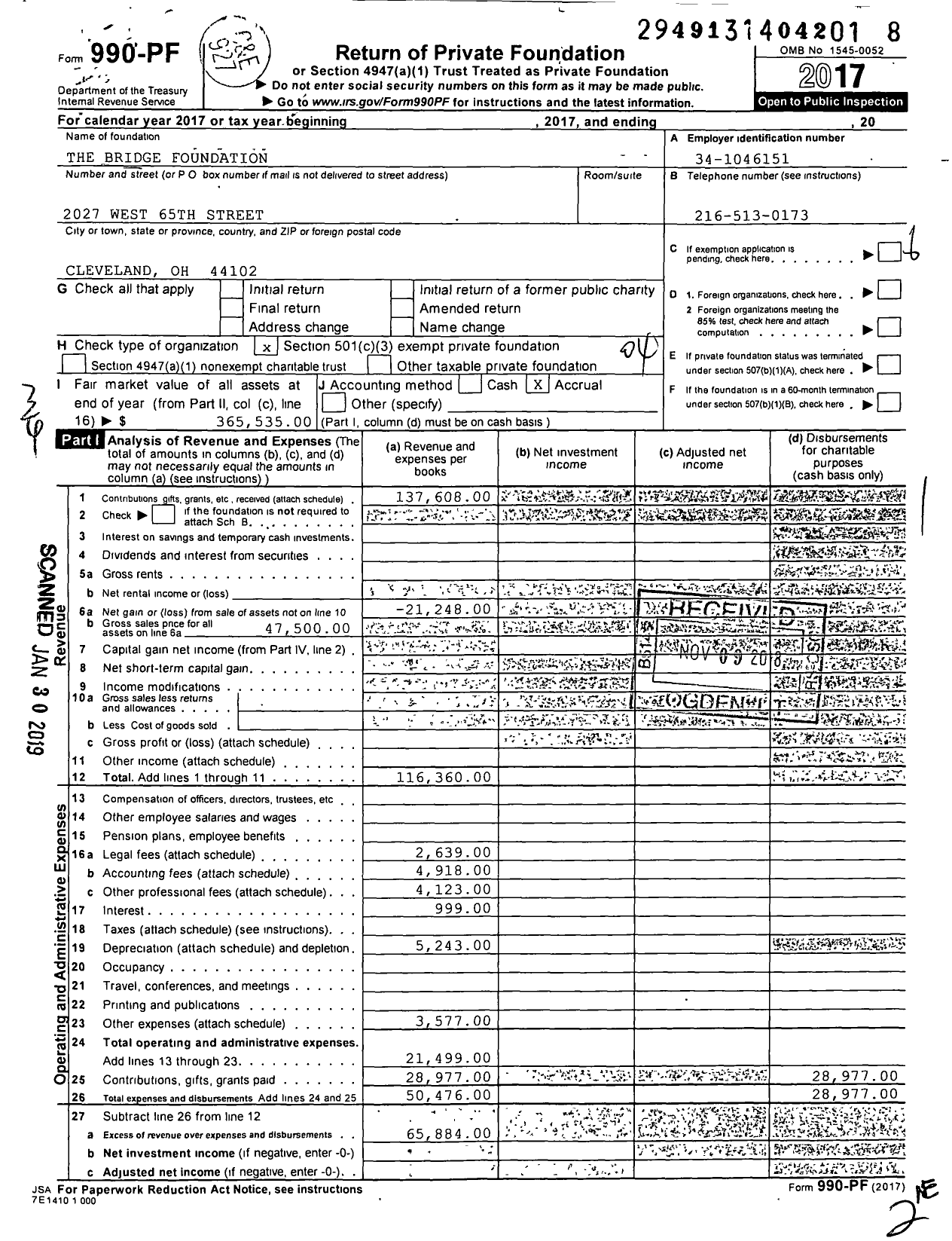 Image of first page of 2017 Form 990PF for The Bridge Foundation