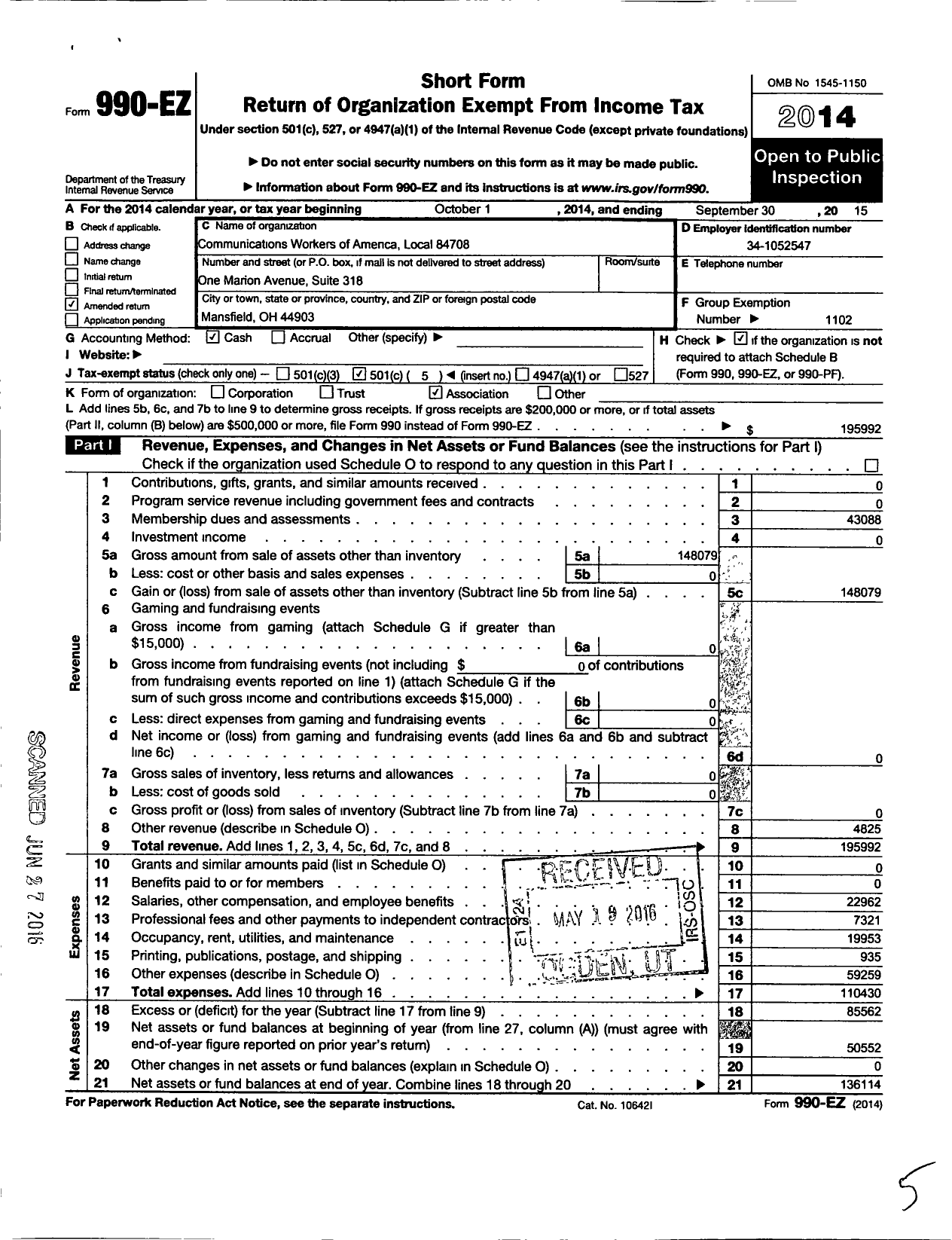 Image of first page of 2014 Form 990EO for Communications Workers of America - 84708 Local