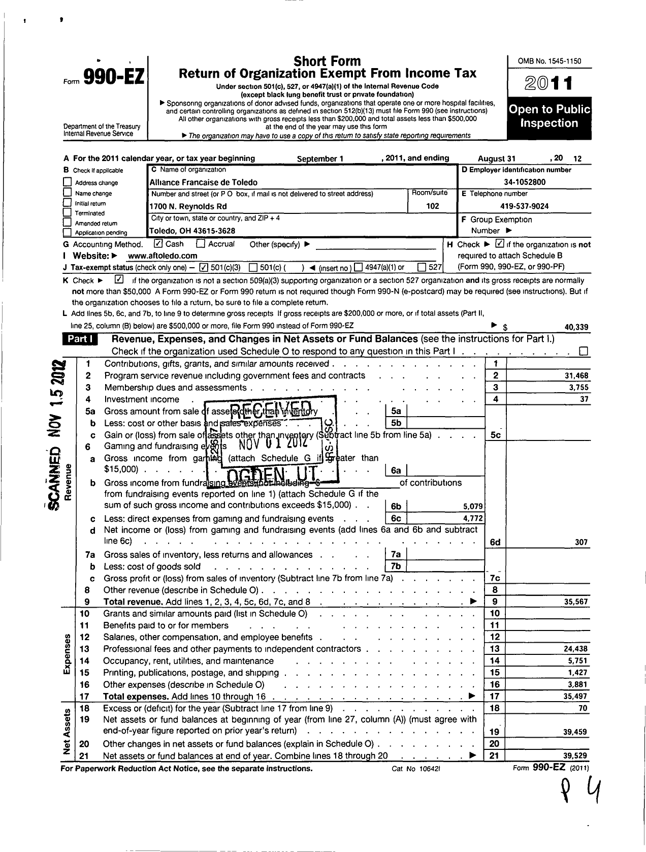 Image of first page of 2011 Form 990EZ for Alliance Francaise de Toledo