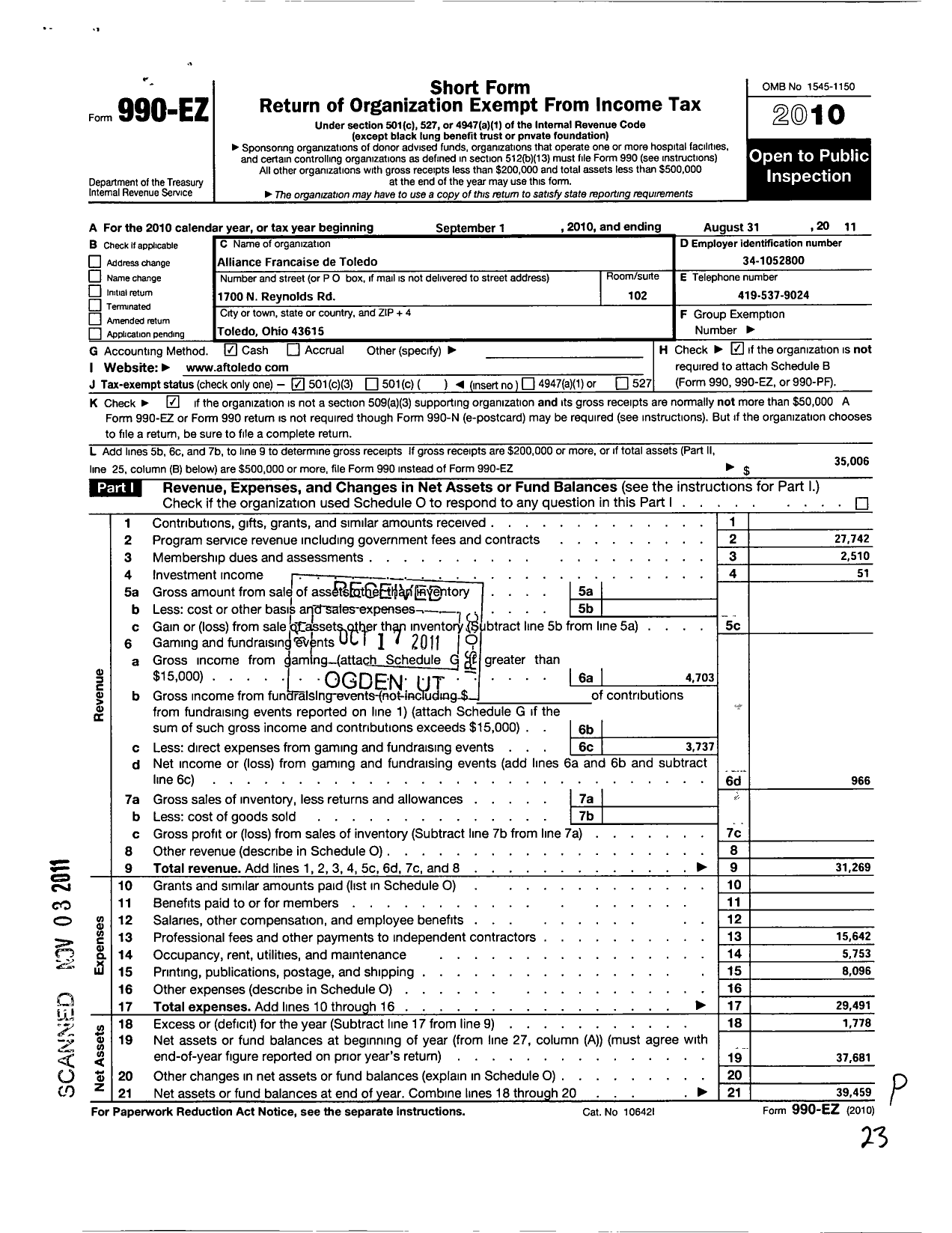 Image of first page of 2010 Form 990EZ for Alliance Francaise de Toledo