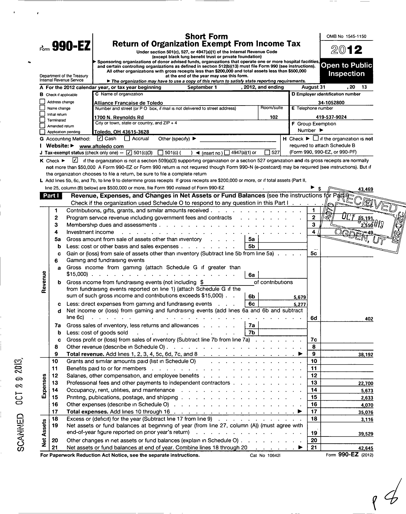 Image of first page of 2012 Form 990EZ for Alliance Francaise de Toledo