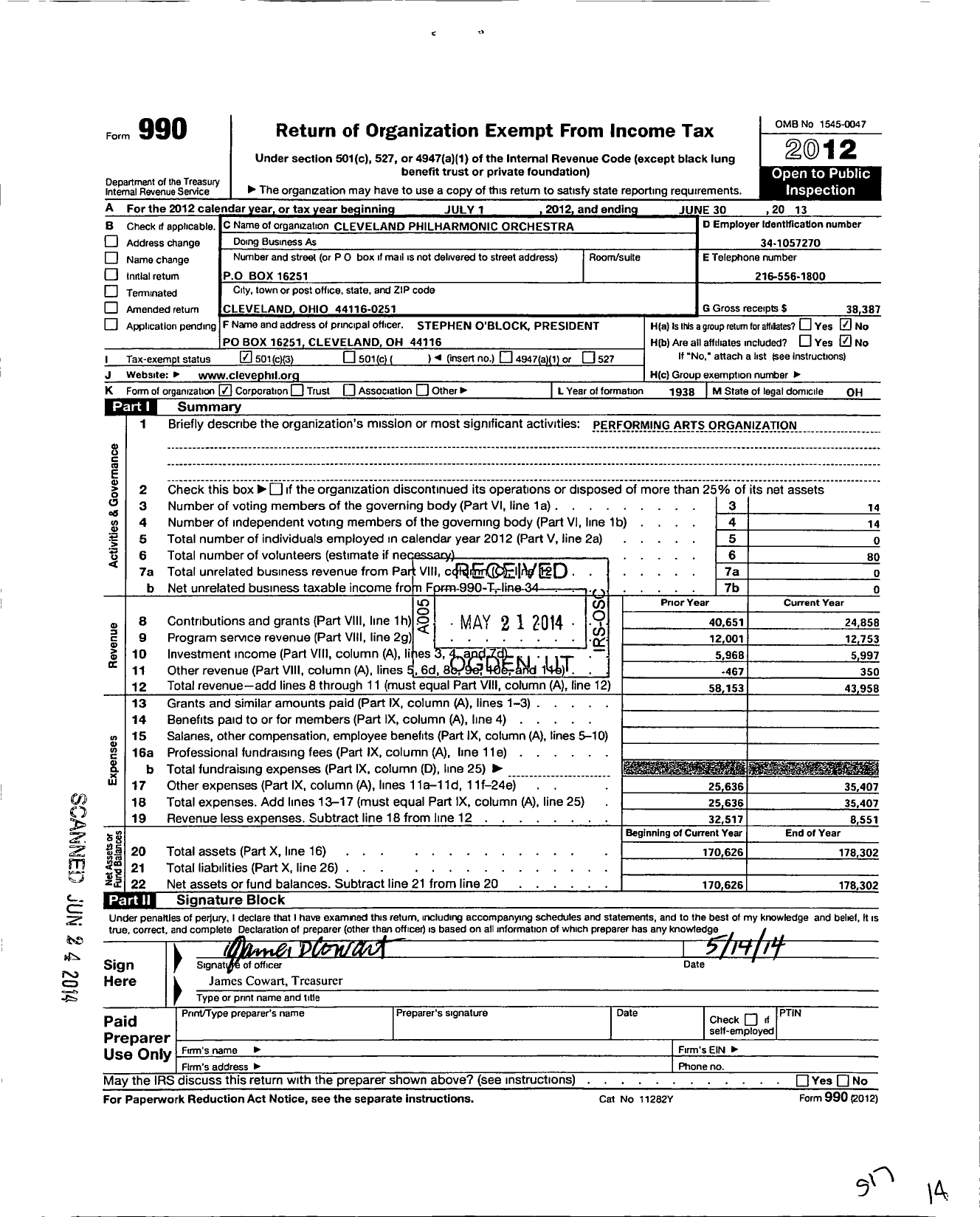 Image of first page of 2012 Form 990 for Cleveland Philharmonic Orchestra