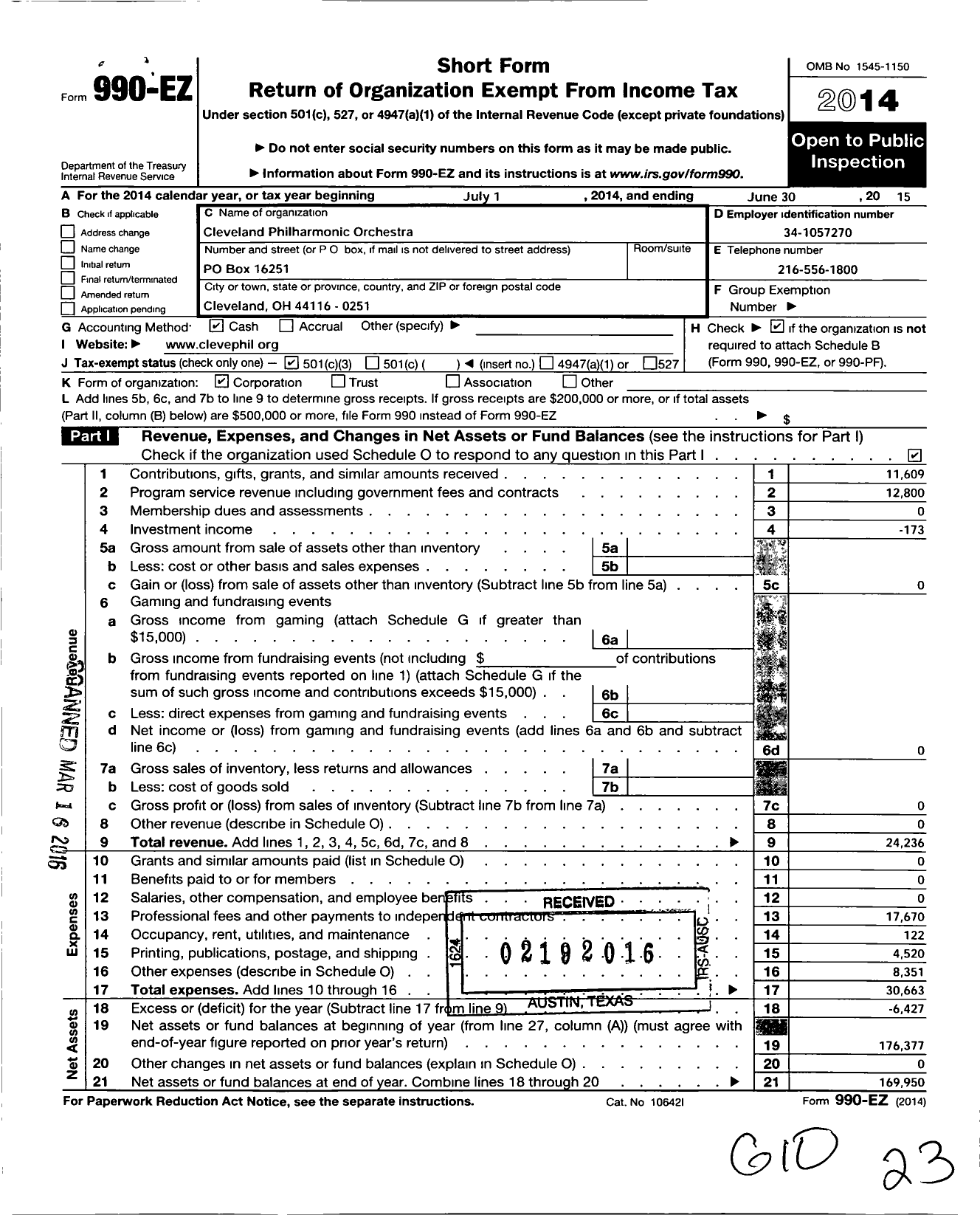 Image of first page of 2014 Form 990EZ for Cleveland Philharmonic Orchestra