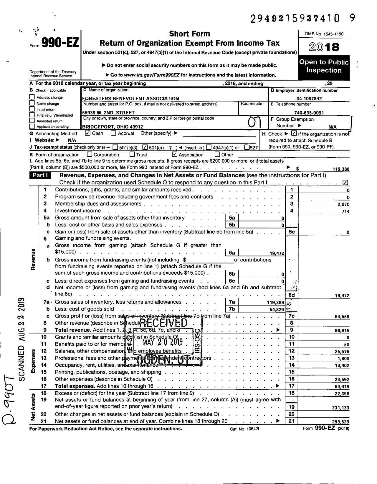 Image of first page of 2018 Form 990EO for Foresters Benevolent Association