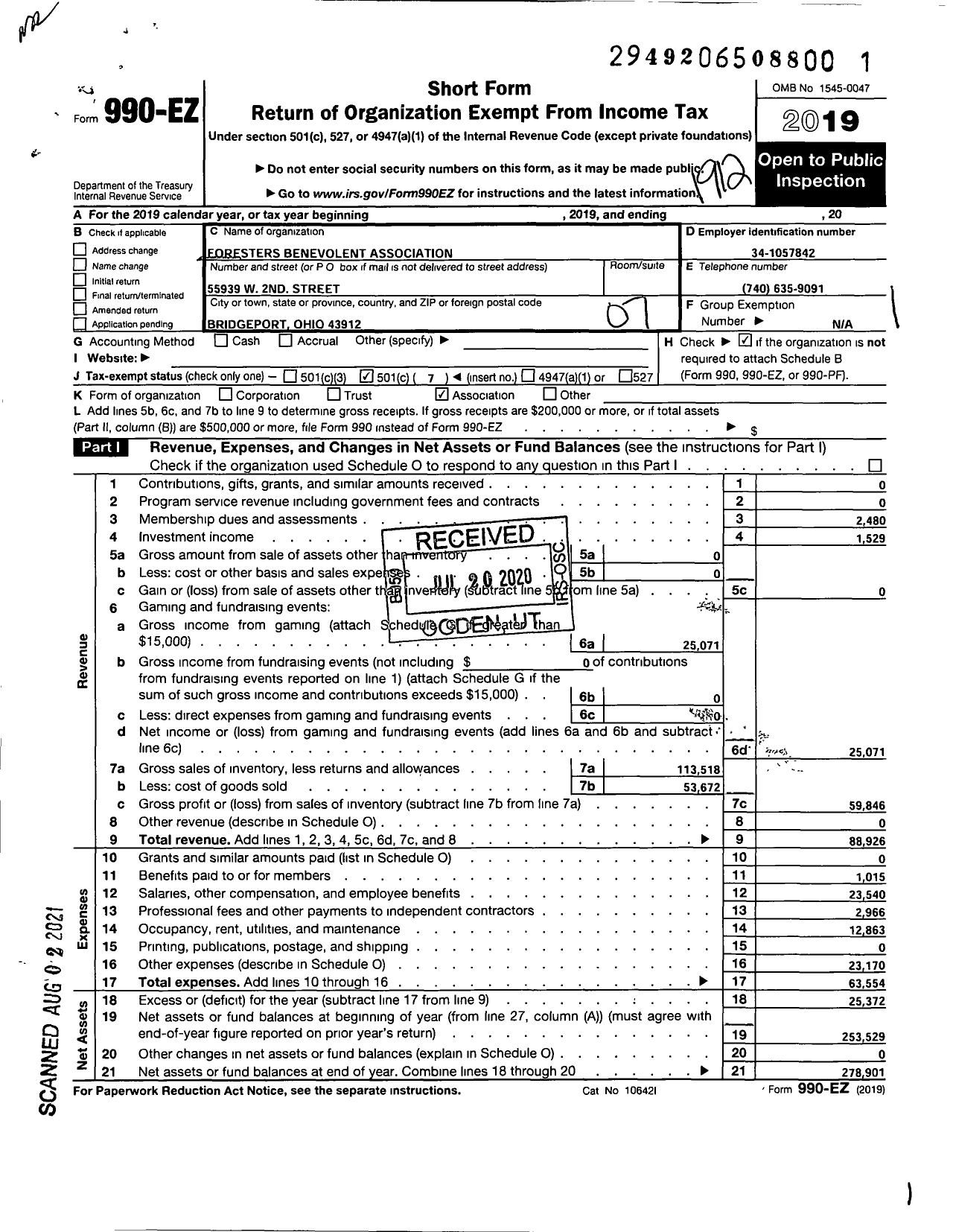 Image of first page of 2019 Form 990EO for Foresters Benevolent Association