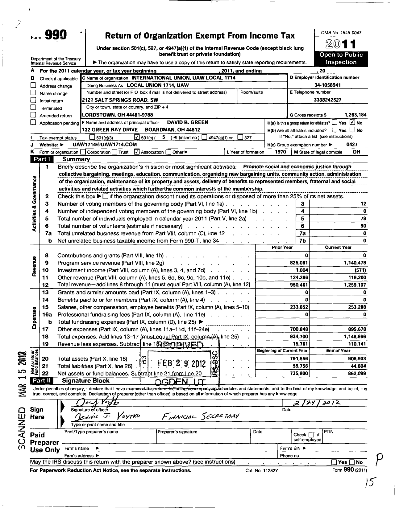 Image of first page of 2011 Form 990O for International Union Uaw Local 1714