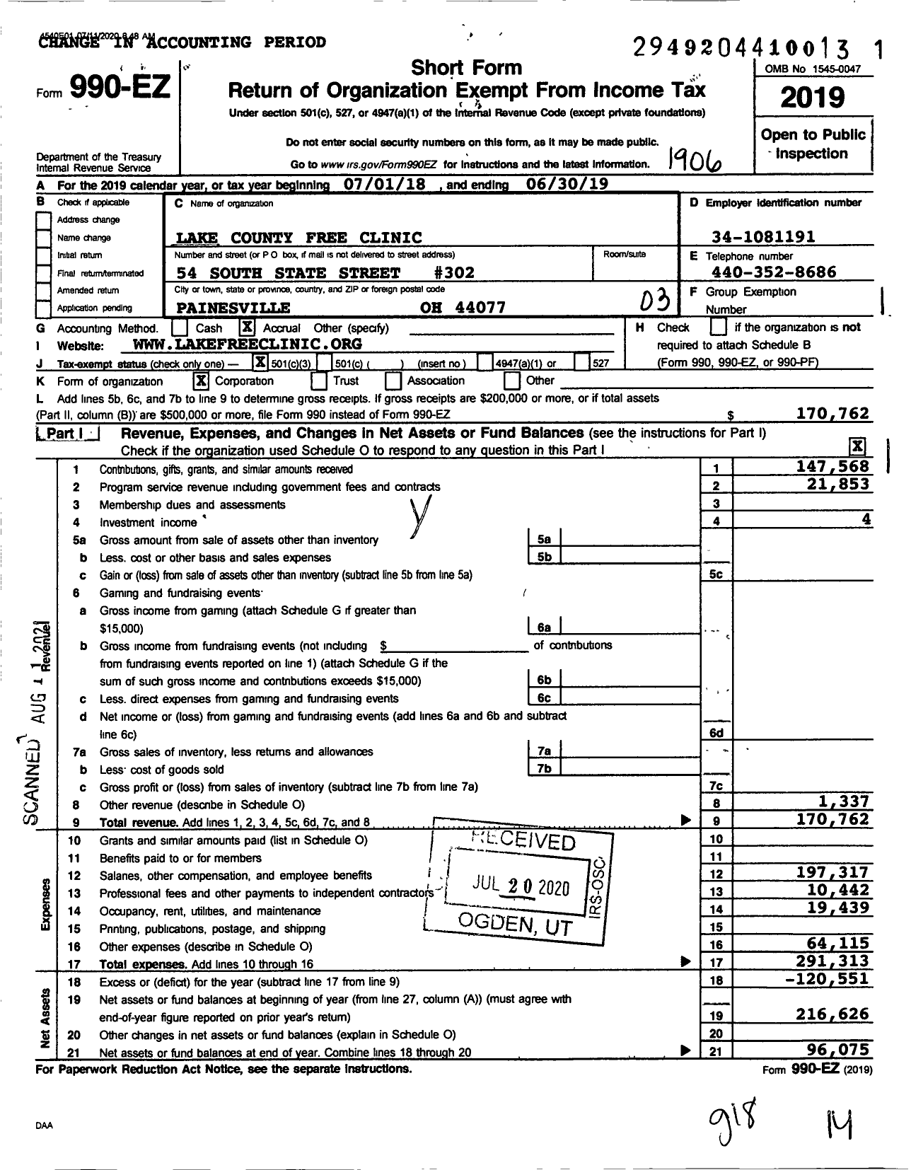 Image of first page of 2018 Form 990EZ for Lake County Free Clinic