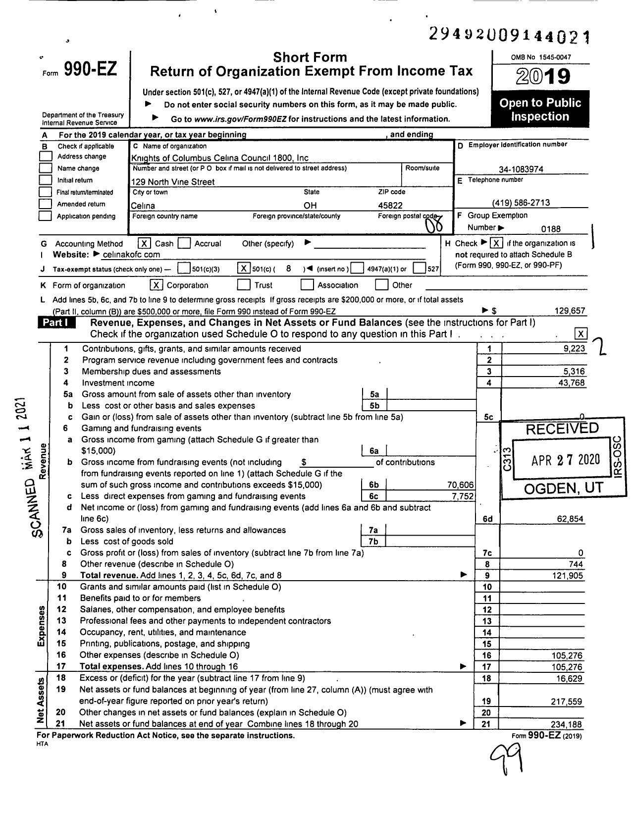 Image of first page of 2019 Form 990EO for Knights of Columbus - 1800 Celina Council