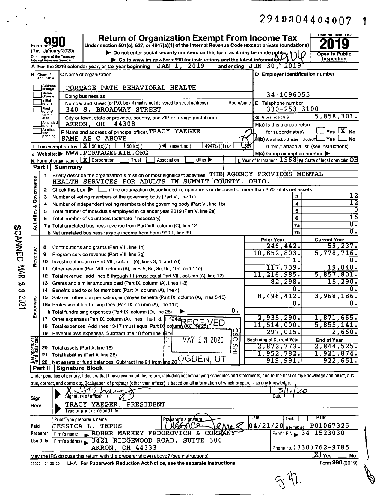 Image of first page of 2018 Form 990 for Portage Path Behavioral Health