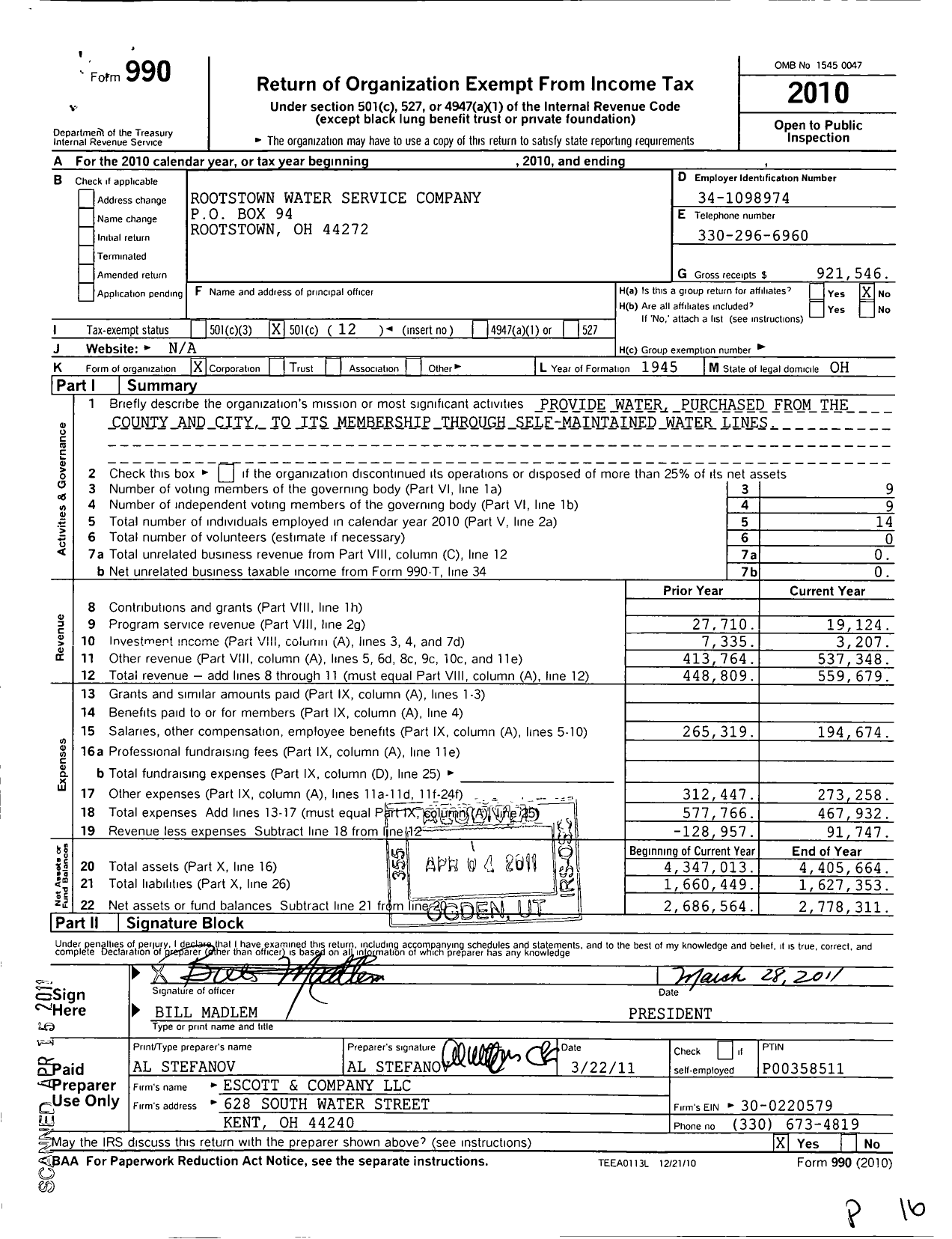 Image of first page of 2010 Form 990O for Rootstown Water Service Company