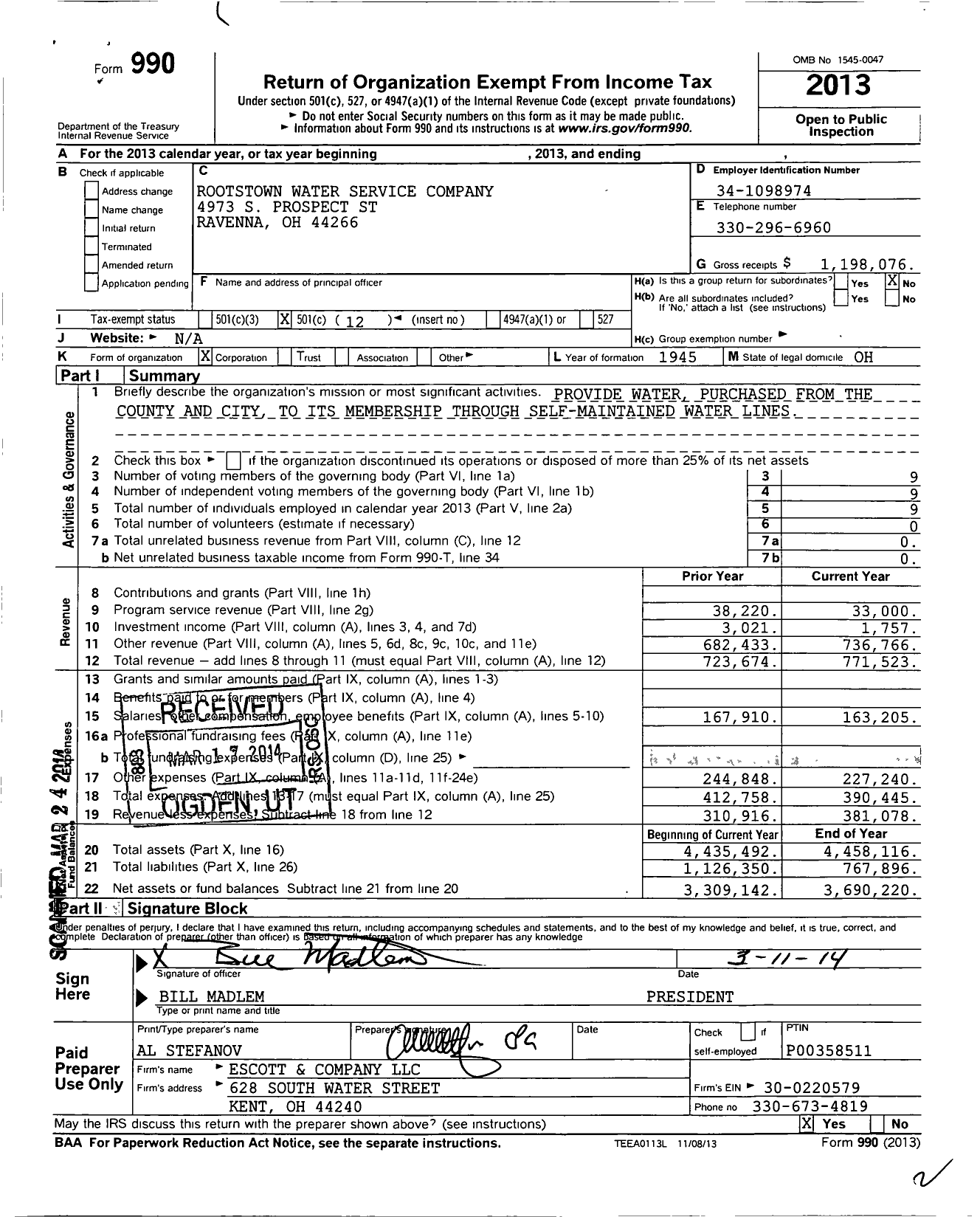 Image of first page of 2013 Form 990O for Rootstown Water Service Company
