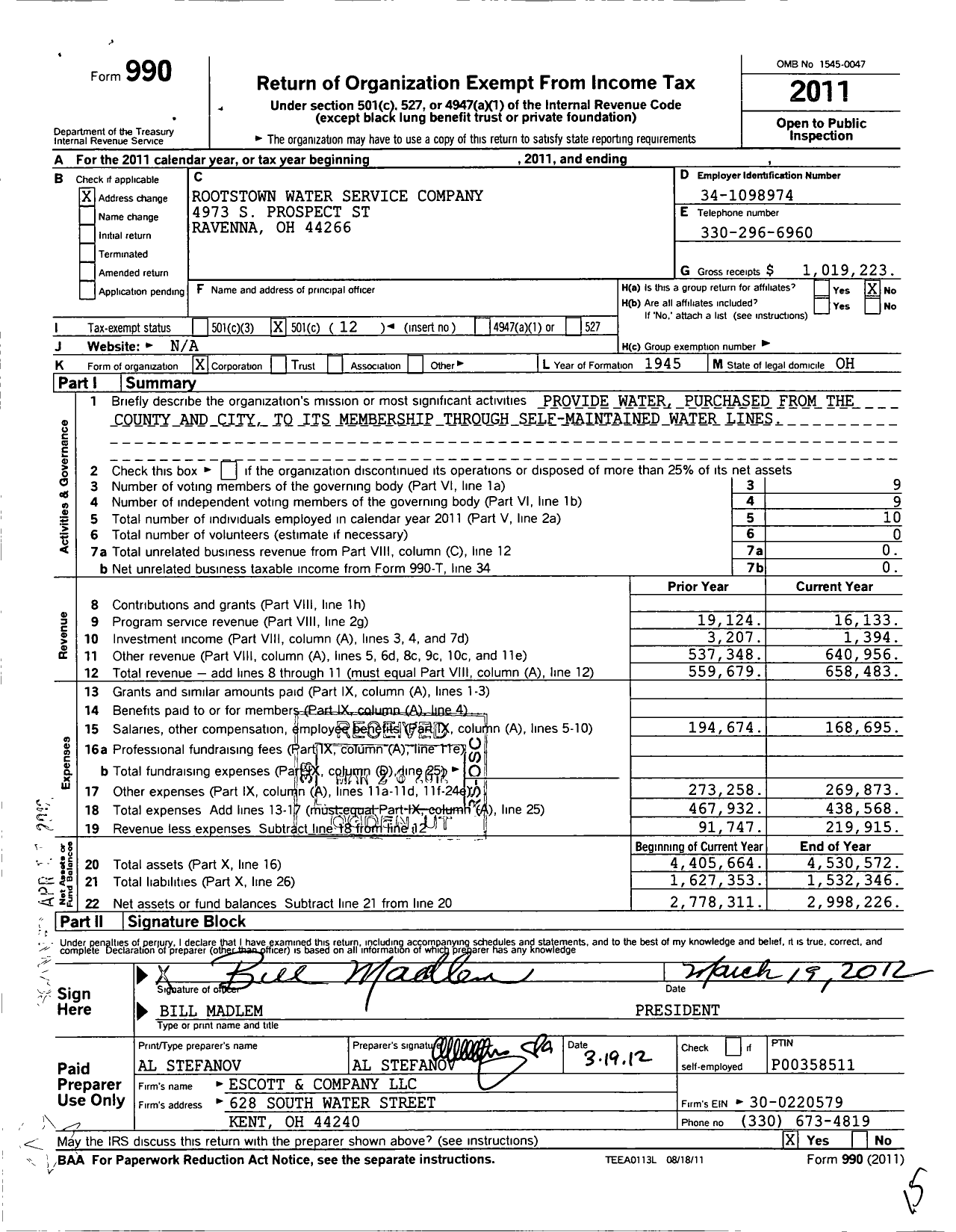 Image of first page of 2011 Form 990O for Rootstown Water Service Company
