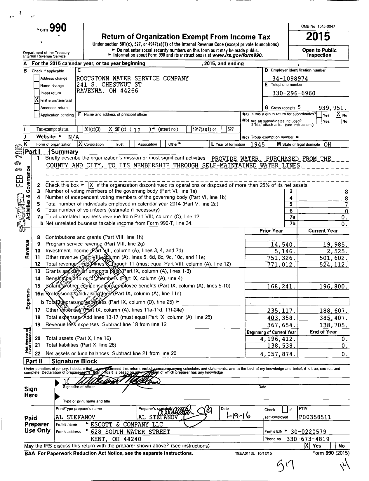 Image of first page of 2015 Form 990O for Rootstown Water Service Company