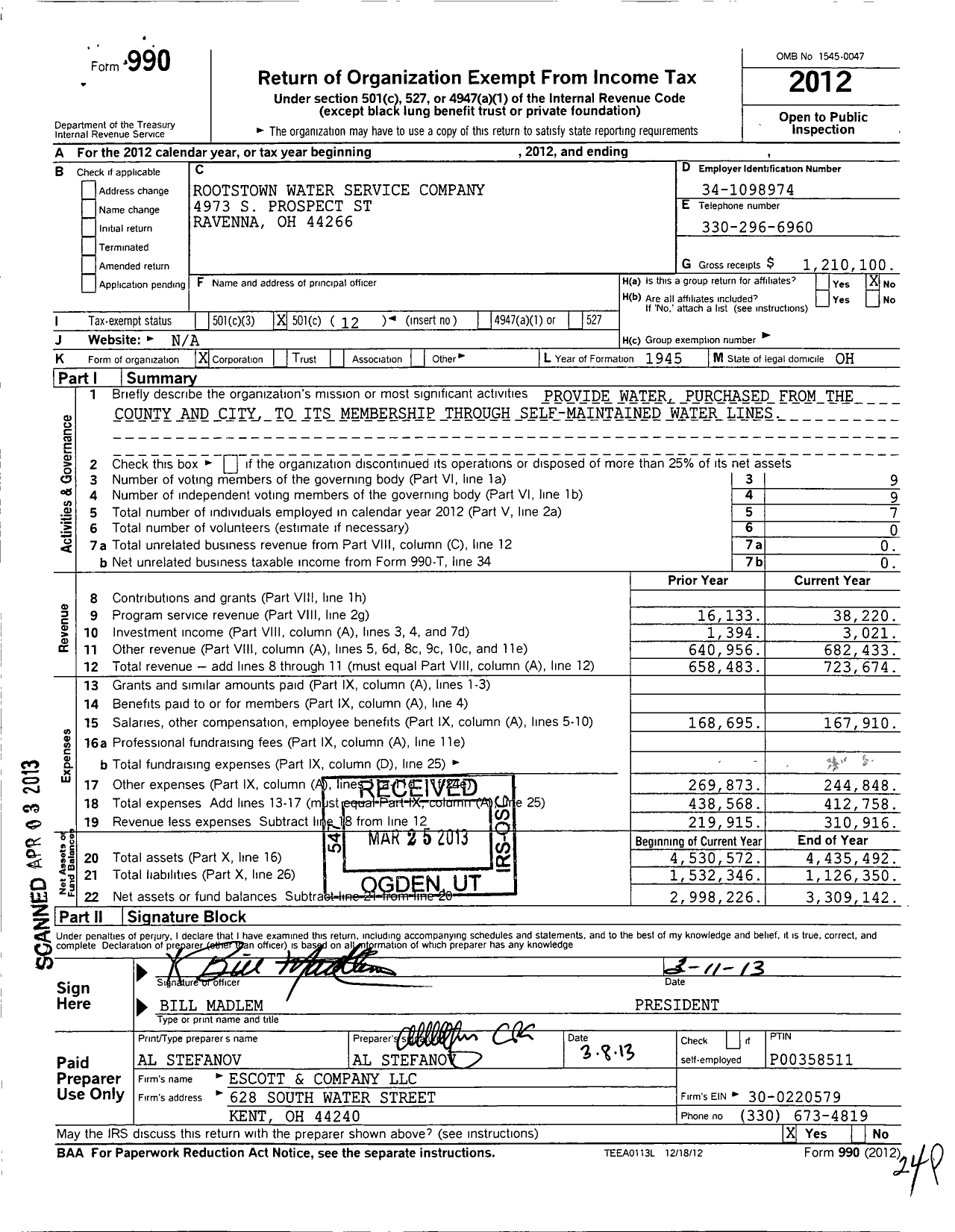 Image of first page of 2012 Form 990O for Rootstown Water Service Company