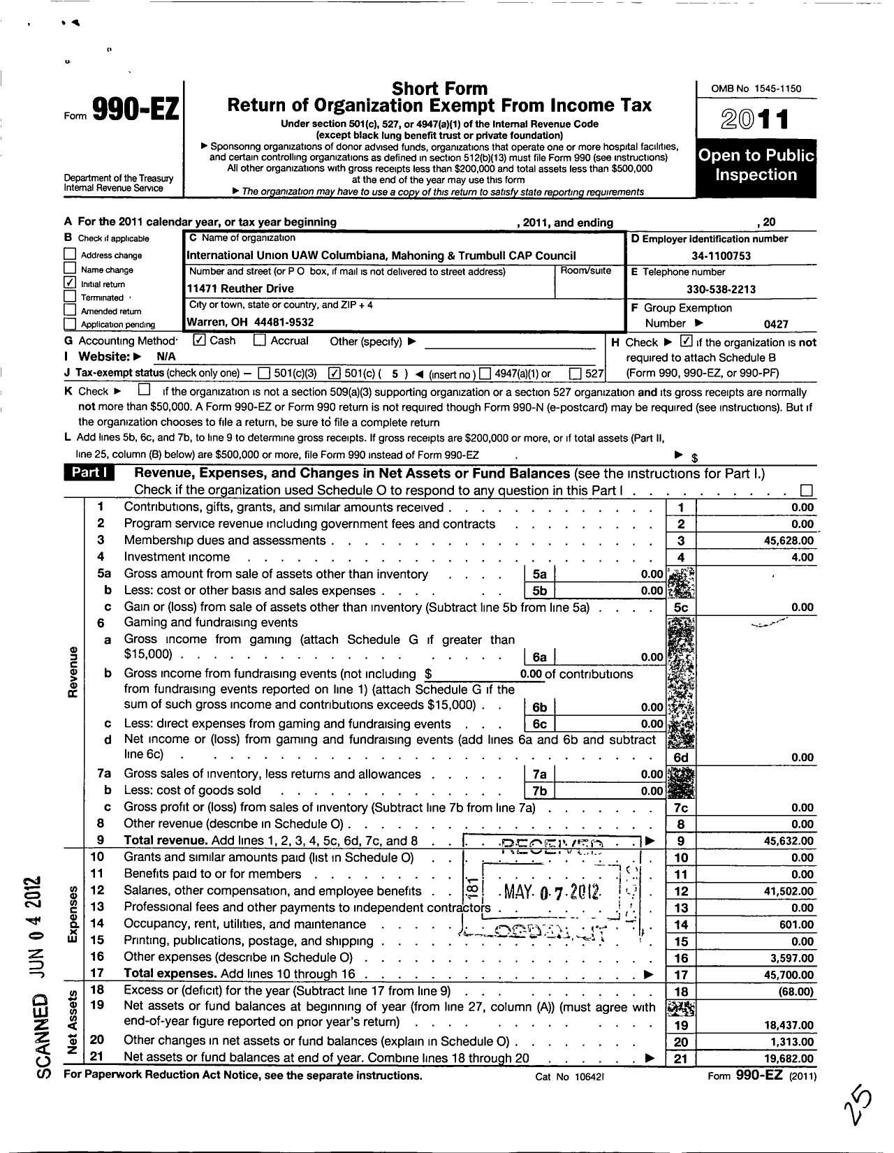 Image of first page of 2011 Form 990EO for Uaw - International Union United Auto Aerospace and Agricultural Workers